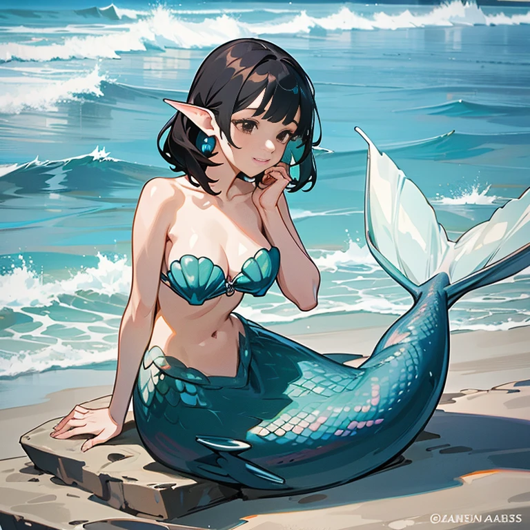 mermaid , sitting on rock, very detailed, 4k image, beach, sunny, beautiful waves, ocean, shells, beautiful shell bra, pearls, shell crown, sitting on rock in ocean, very detailed, happy, black hair, brown eyes, blue scales, blue scales on face, webbed hands, mermaid ears, webbed pointed ears, shell earrings, full body seen,