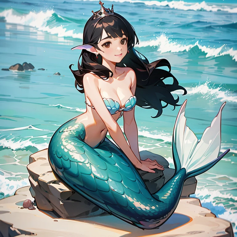 mermaid , sitting on rock, very detailed, 4k image, beach, sunny, beautiful waves, ocean, shells, beautiful shell bra, pearls, shell crown, sitting on rock in ocean, very detailed, happy, black hair, brown eyes, blue scales, blue scales on face, webbed hands, mermaid ears, webbed pointed ears, shell earrings, full body seen,