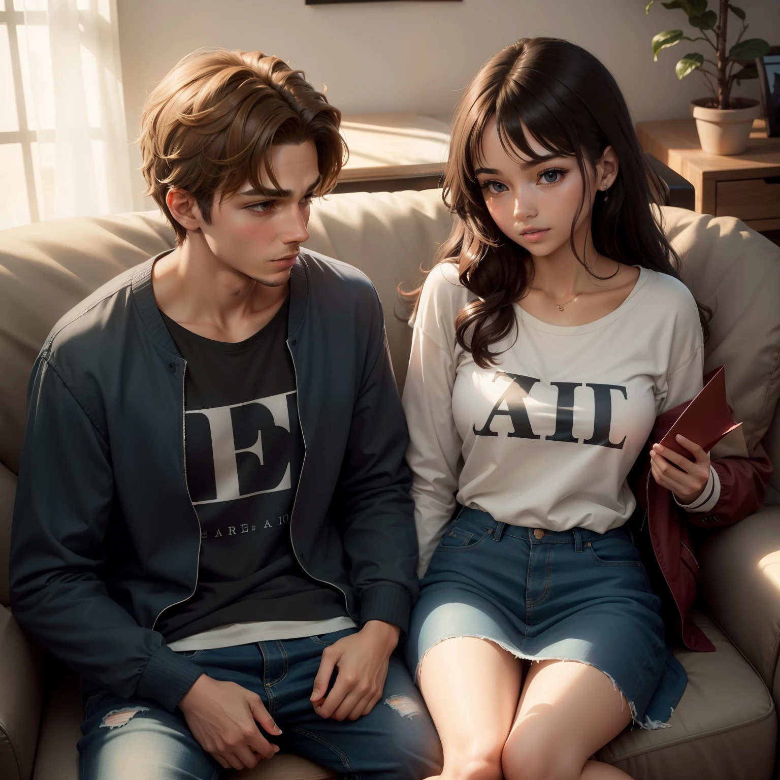 Couple together on the couch well dressed talking and the girl has letter F on her clothes and the boy has letter A on his clothes.