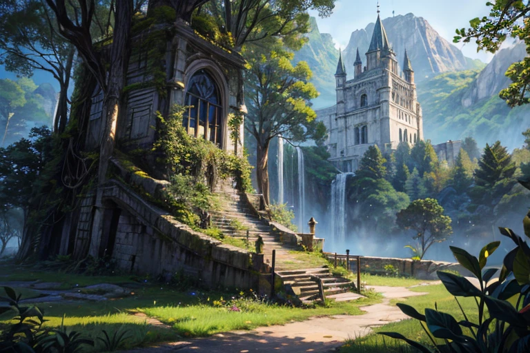 Create an illustration of a majestic castle rising deep in the forest., Partially consumed by vegetation, Giving off a fantastic and nostalgic atmosphere.. El Castillo, una vez grandioso e imponente, now it is a symbol of ancient elegance, abrazado por el abrazo invasor de la naturaleza. Las enredaderas trepan por los desgastados muros de piedra, y el musgo cubre las torres, dando un aura de misterio y atemporalidad a la escena. Sunlight filters through the dense canopy, proyectando patrones encantadores en los senderos cubiertos de maleza debajo, evoking a sense of wonder and melancholy.
