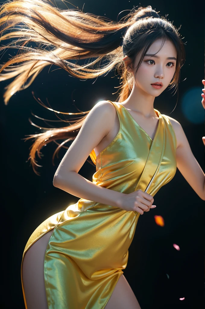 Thai Girl, 20 age, Long hair in a shiny ponytail., Has a strikingly beautiful face. In a white and gold Thai dress, holding a Thai pattern sword, moving like the wind........... Standing on a cloud of peach blossoms amidst colored smoke, The wind blows............., Golden Light, pink, and blue. Glittering all over the wide-angle artwork, See the full digital drawing......., 3D character, black background, Realistic 3D oil painting.