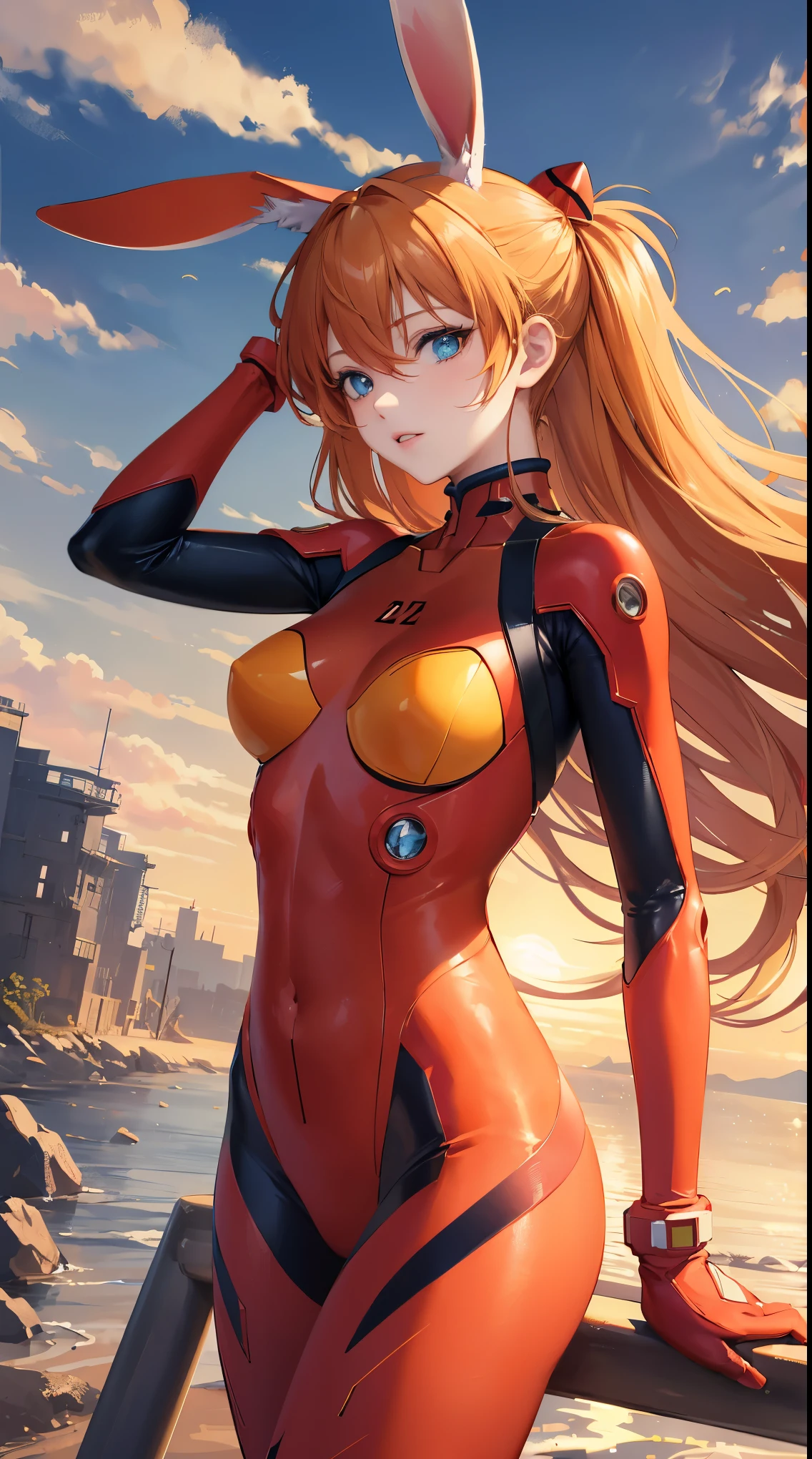 (tmasterpiece, quality, Best quality at best, offcial art, Beautiful and beautiful:1.2)Soryu Asuka Langley, Long orange hair,one-girl,tightsuit,Rabbit ears