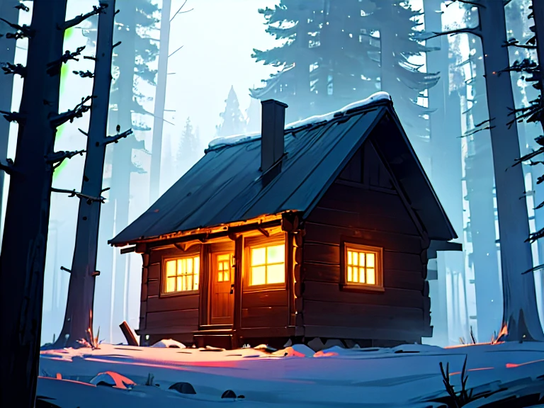 Masterpiece, best quality, Generate an image of a cabin in the middle of a dark forest at night. Focus on the cabin, The cabin should appear old and eerie, Winter