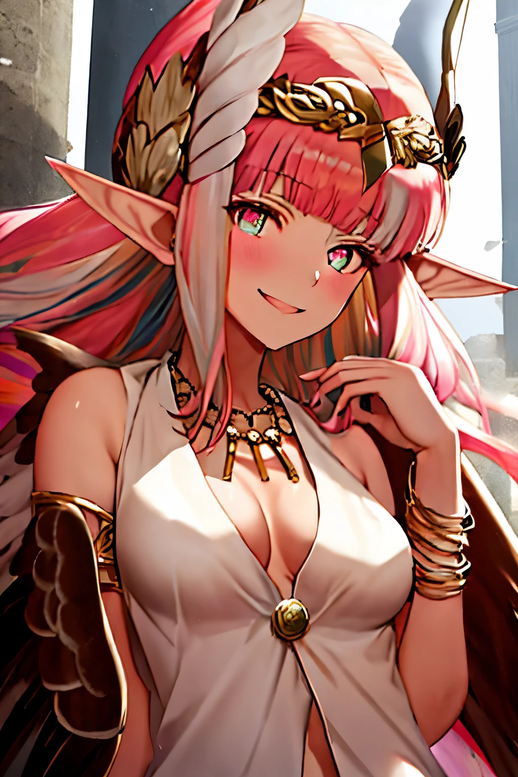 best quality, master piece, Tall, alone, {Circe_FGO:1.15}, pointed_Ears, Pink_hair, Head_Wings, Wings, fringe, femhered_Wings, Long_hair, jewelry, smile, breasts, necklace, blush, small_breasts, multicolored_eye, 1girl, bracelet, looking_at_viewer, blue_eye, white_backstory, tiara, roman aemor, roman helmet