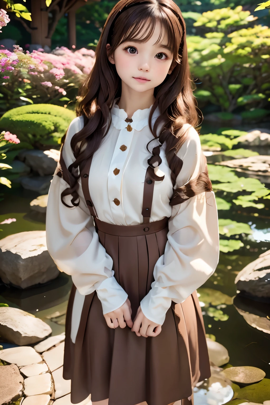 Dark brown curly white girl, Twin-tailed、e lit、natural tone clothes、Japanese garden、top-quality、ultra-detailliert、masuter piece、portlate、８ｋ、Professional Photographer、