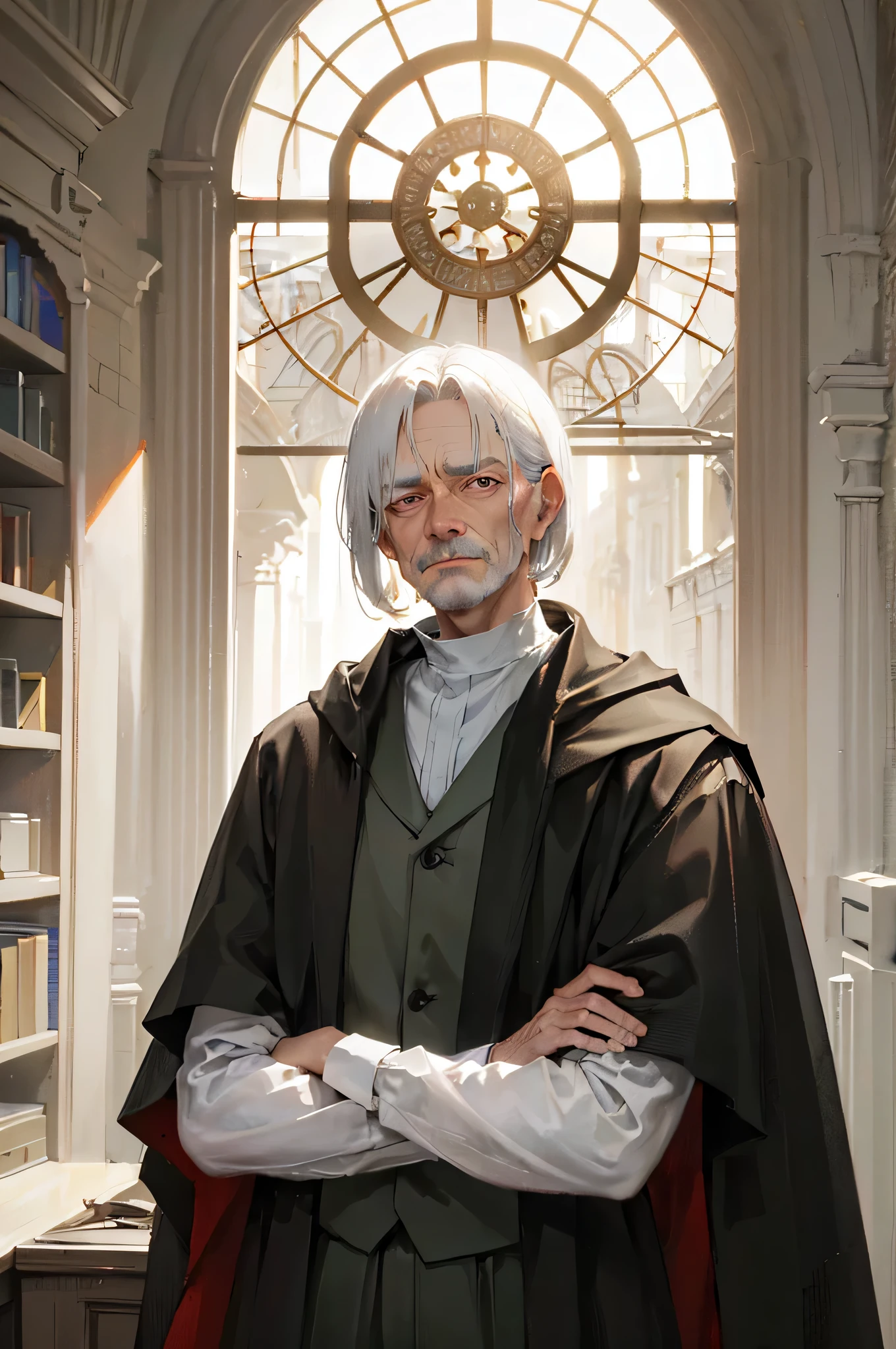 (Absurd, hight resolution, ultra-detailliert), 1man, Old Man, Intricate details, magnified textures, Intricate details, finely detailed eyes and detailed face, Intricate details, ifdv, (Closed mouth), Perfect eyes, matching eyes, Red Eyes, medieval Fantasy style cloThing, fantasy-inspired, medieval town, Daylight, Tanned skin, Old Man, Full body, Thin, fragile, wrinkles, Dark clothes, black robes, cassock, Smile, grumpy, grumpy目, Old age, pale skin, 65 years old, Not hair, No beard, Very old