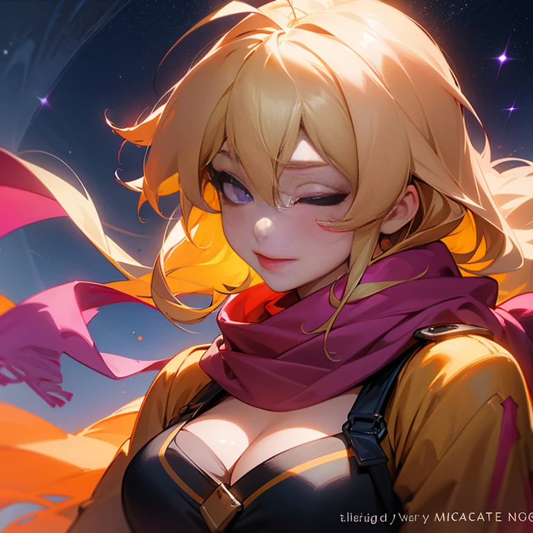 1girl, ahoge, bangs, blonde hair, blowing kiss, blue eyes, blue scarf, brown scarf, cleavage, closed mouth, eyelashes, face, floating hair, hair between eyes, heart, lips, lipstick, long hair, looking at viewer, makeup, night sky, nose, one eye closed, orange scarf, pink lips, pink scarf, portrait, purple eyes, realistic, red lips, red scarf, scarf, signature, smile, solo, space, spoken heart, star (sky), starry sky, upper body, watermark, yang xiao long, yellow scarf