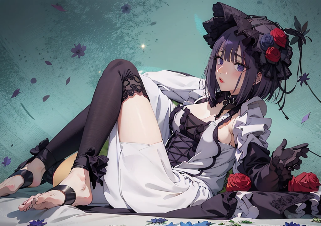 (((Young White Woman))), ((Best Quality)), ((Masterpiece)), (Detail: 1.4), MarinLora, blush, short hair, black hair, hair ornament, thighhighs, long sleeves, dress, purple eyes, purple hair, flower, pantyhose, hairband, frills, hair flower, wide sleeves, apron, black dress, , rose, floral print, lace, ta fashion, gothic loliHigh dynamic range)