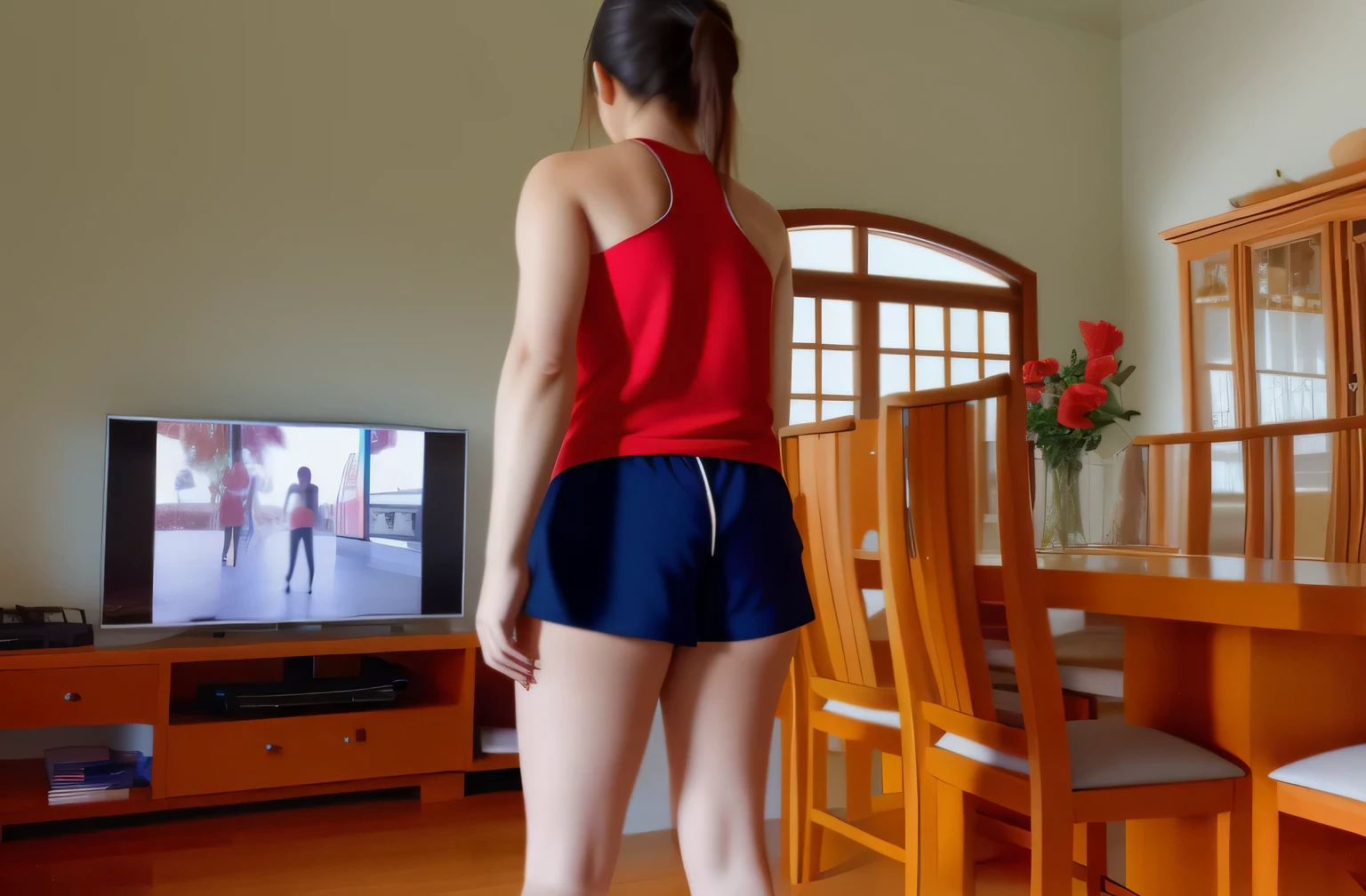 There is a woman standing in a living room with a television, vestindo shorts vermelhos, Bermuda, tiro traseiro, Costas - Pneu, from the back, tiro nas costas, from the back, Backview, sport bra and dark blue shorts, view from the back, facing away from camera, long shot from the back, Tiroteio costeiro, pose from the back, seen from the back