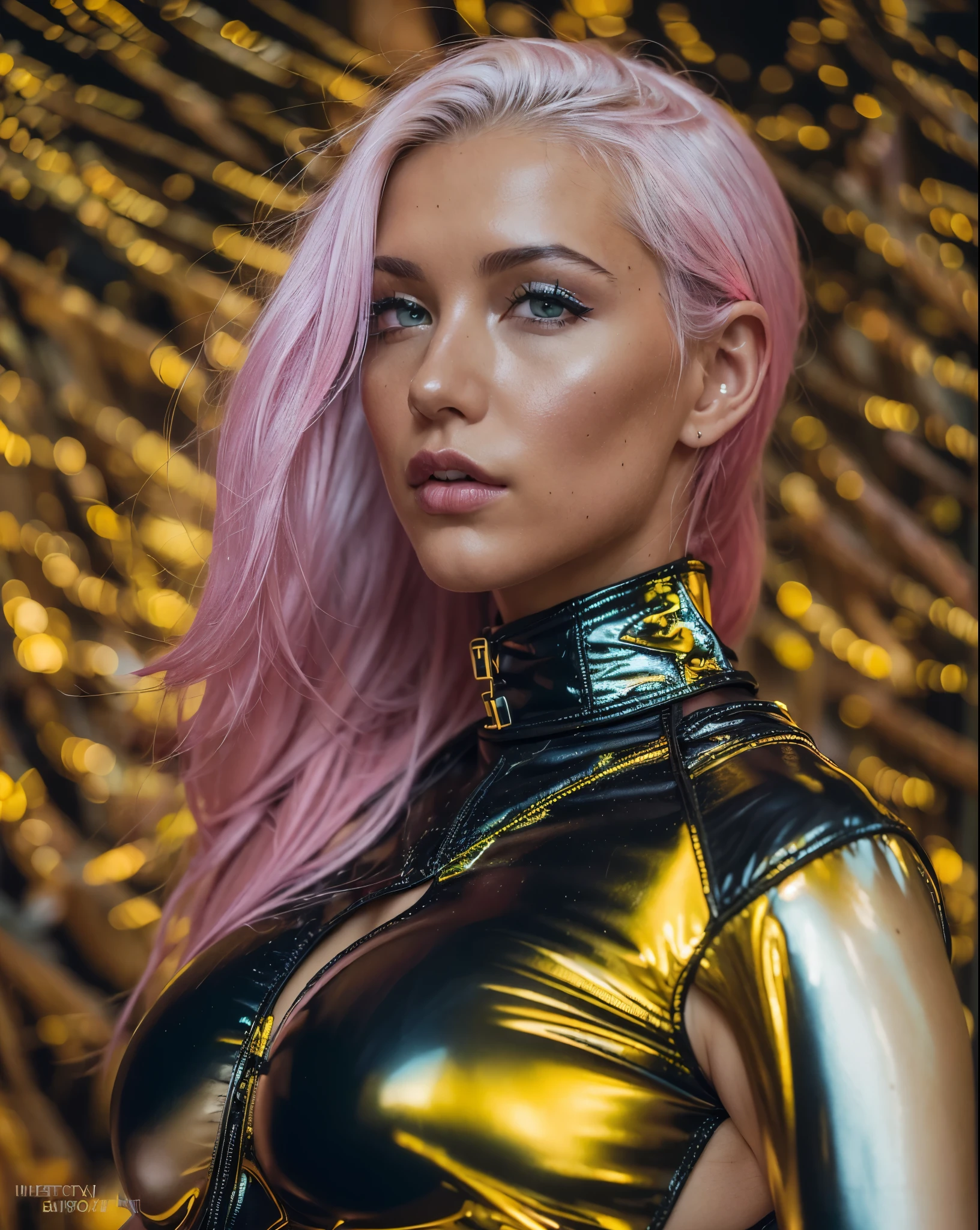analog photo, editorial bdsm fashion photography, (((BDSM))), 24 year-old blonde woman, black latex catsuit, (((Fetish clothing, Physical restraint, Bondage cuffs, Bondage harness))), night, dark room, masterpiece, best quality, ultra-detailed, ((((yellow and pink neon light)))), ((big boobs)), (((white hair))), (((model pose))), (((((cleevage))))), Collar, Plastic wrap, Bondage tape, slutty, hot, sexual, detailed skin texture, beautiful detailed face, hyperrealistic, real, 4k, (((fit body))))), ((abs)), supermodel, masterpiece, eye level, Kodak Funsaver, Porta 160, 20mm, bokeh, in the style of Nan Goldin, textured, high contrast, ultrarealistic, 4k, hyperreal, modern, ((minimal))