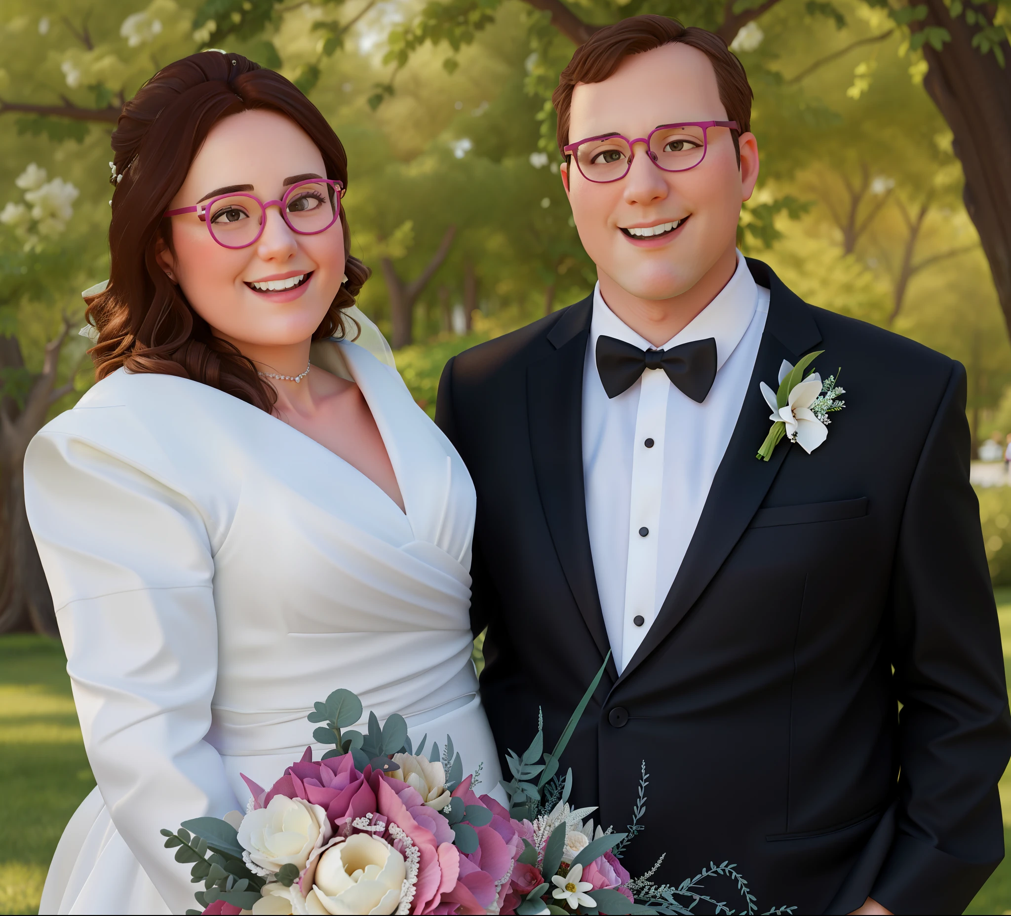 bride and groom posing for a picture in a park with a bouquet, bride and groom, wedding photo, happy couple, wedding, keep facial aspects, inspired by pixar up, HD , 4k , magic , love , standing in front of beautiful forest , bride is slightly chunky, bride wearing long sleeve wedding dress , bride has extra long black hair, bride has nothing in hair , bride wearing round pink glasses , bride holding flower bouquet , groom is slightly chunky, groom has light brown hair, groom wearing browline glasses , groom wearing black tuxedo with bow tie,katey truhn, detailed portrait shot, couples portrait, millaise and greg rutkowski, tyler west, with a tree in the background, portrait of two people, finally, kate oleska and jim kay