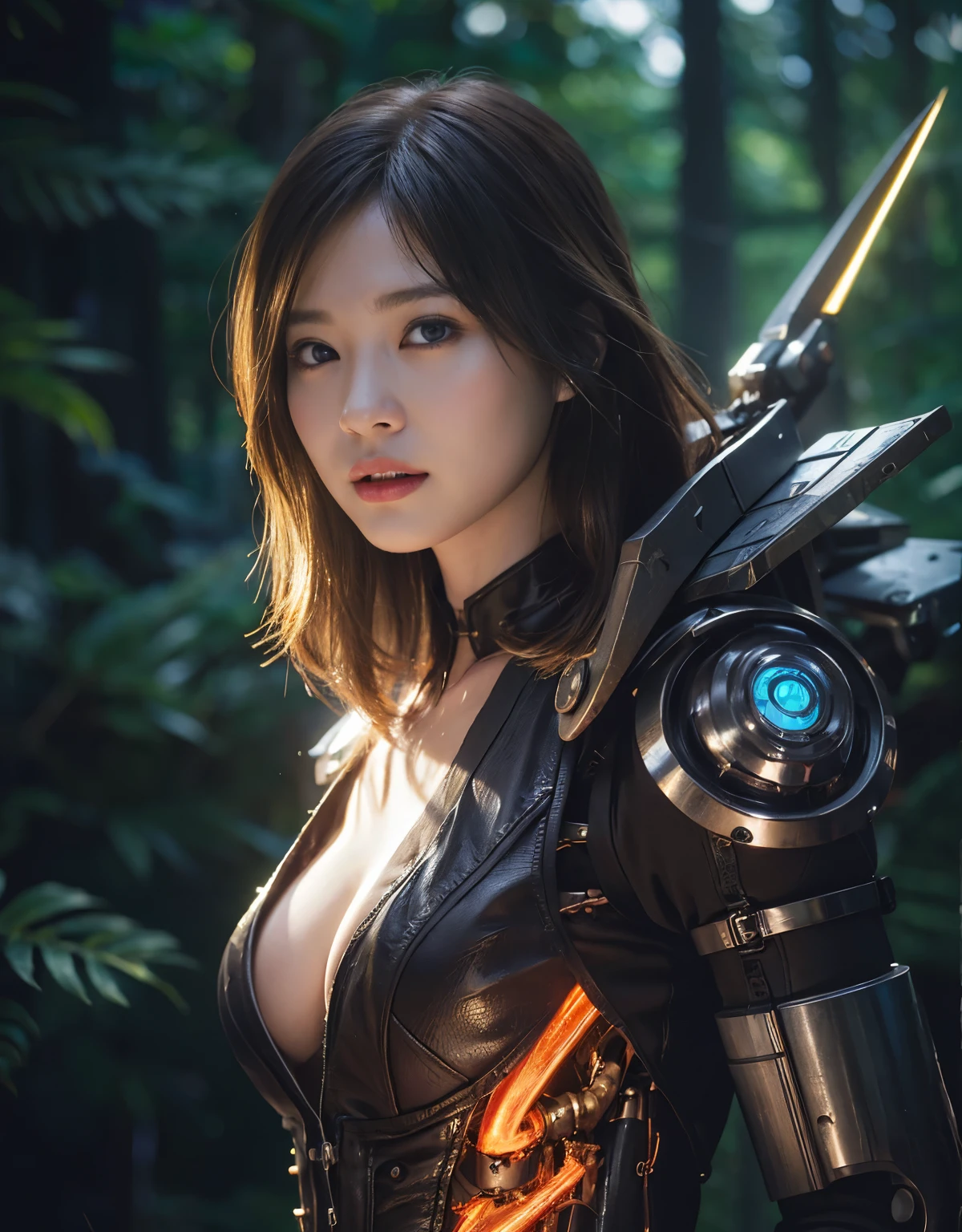 ((Fighting Demonic Beasts))、top-quality、masterpiece、超A high resolution、(Photorealsitic:1.4)、Raw photo、1人、Golden hair、glowy skin、(((1 Mechanical Girl)))、With a beautiful knife、(Blue Metal Bodysuit)、(beautiful forest background)、(Fighting Demonic Beasts)、(Small LED)、((super realistic details))、vertical giant monster background),globalillumination、Shadow、octan render、8K、ultrasharp、Colossal tits、Raw skin is exposed in cleavage、metals、Details of complex ornaments、Japan details、highly intricate detail、Realistic light、CGSoation Trends、Red Eyes、Eyes shining towards the camera、neon details、(Mechanical edge blood vessels connected to tubes)、Mechanical vertebrae attached to the back、mechanical cervical attaching to neck、(Wires and cables connecting to the head)、Gundam、Small LED、,Mechanical thighs、Toostock、(Hands are also made of machines)、(Attack of the Monster Beasts)、(Wounded in a deadly battle)、