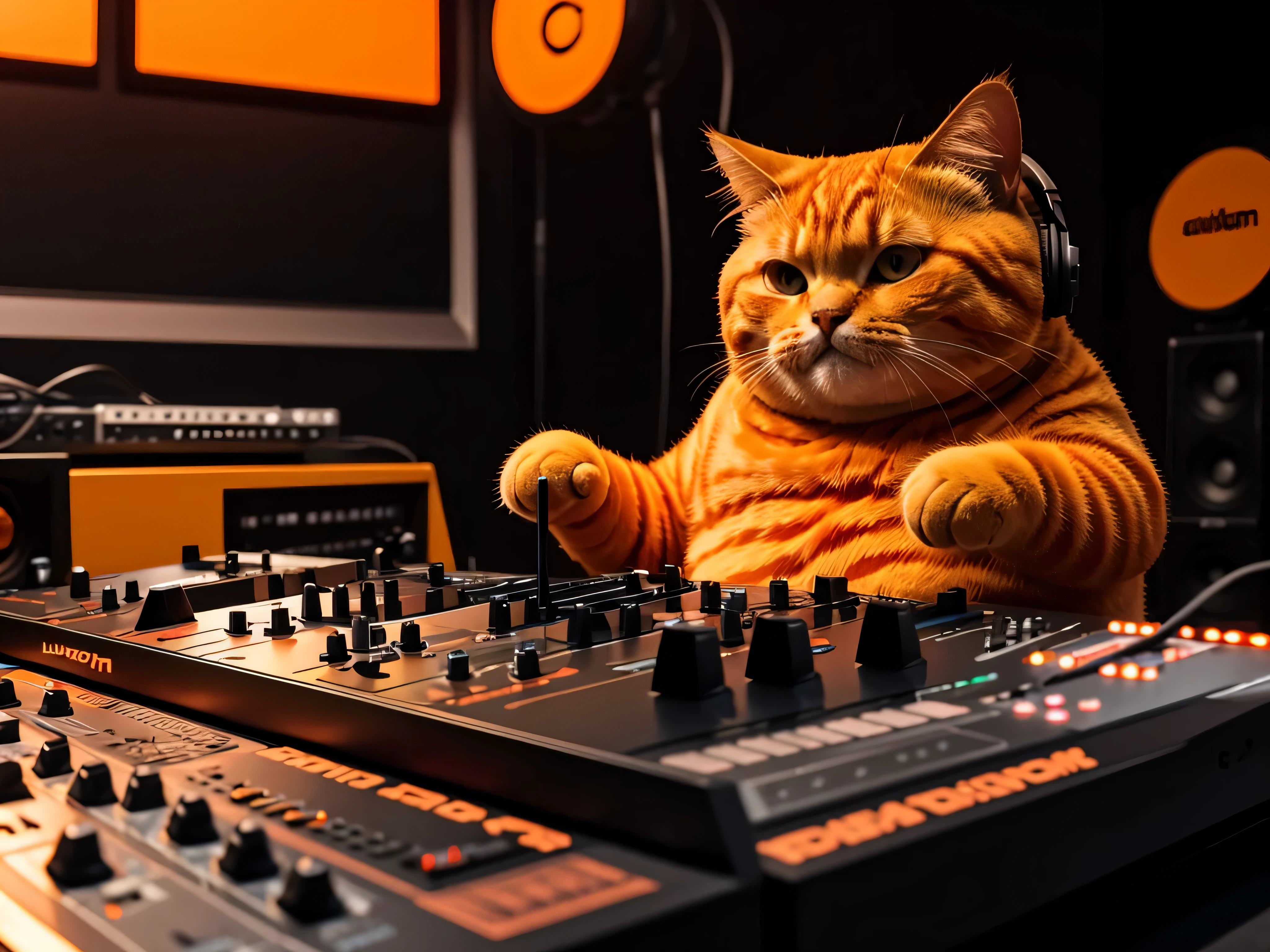 8k, A large chat DJ Orange with a casque joue du synthesizer
