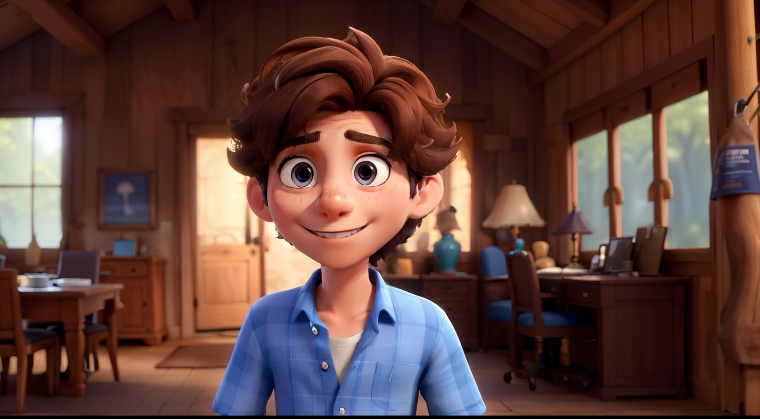 A wealthy prince, he has brown hair parted in the middle, wears a stylish blue shirt, and has brown eyes. In the background a big forest