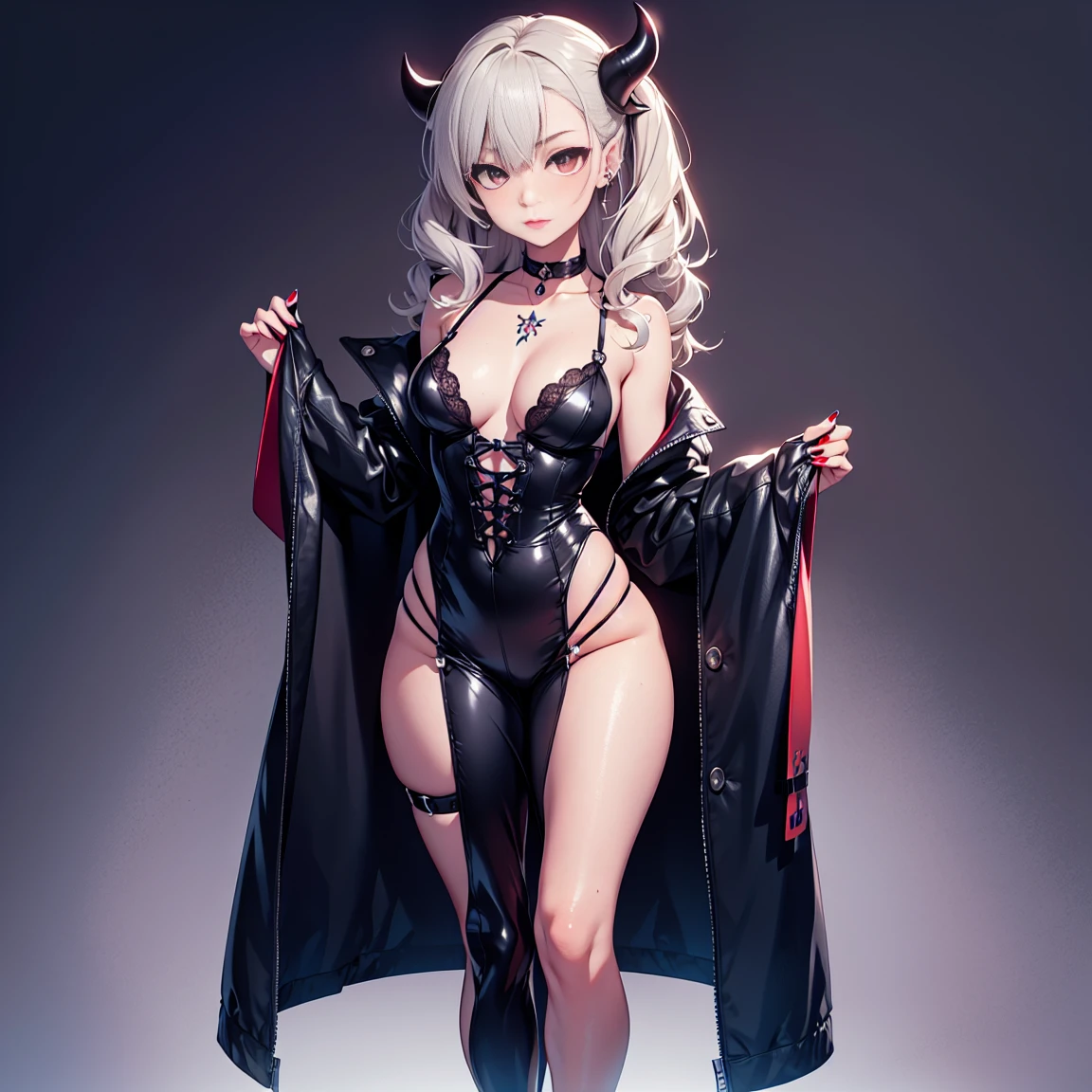 fishnets, ((solo, solo focus, solo girl,1girl))++,(evil dominatrix succubus Marinette Dupain-Cheng Ladybug)+++,low_twintails, red_hair, two tone hair, multicolored_hair, black_hair, solo, short_hair, high_heels, garter_straps, thighhighs, piercing, bare_shoulders, collar, nipple_piercing, red_eyes, thioots, corset, boots, lips, small_breasts, standing, looking_at_viewer, no_panties, gloves, makeup, garter_belt, full_body, lipstick, black_legwear, thighs, thick_thighs, parted_lips, coat, shiny, cleavage, dress, strapless, black_footwear, evil_red_eyeackground, large_breasts, areolae, shiny_skin, choker, grey_background, red_lipstick, black_gloves, blush, pubic_hair, detached_sleeves, no_bra, cumdrip, personification, high_heel_boots, black_lipstick, tattoo, elboloves, eyeshadow, bdsm, smoking, bangs, watermark, off_shoulder, strapless_dress, paris background