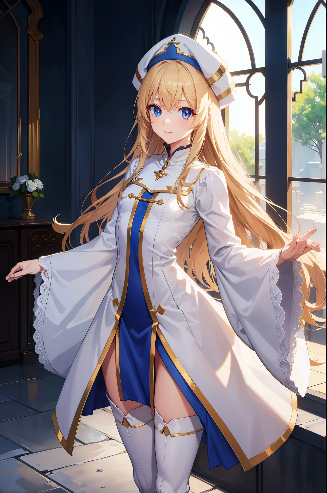 priestess, priestess, blonde hair, blue eyes, long hair, hair between eyes, (small breast:1.2), smile, BREAK boots, dress, frilled sleeves, frills, hat, white headwear, pelvic curtain, high heels, robe, thigh boots, thighhighs, white thighhighs, long sleeves, puffy sleeves, BREAK looking at viewer, BREAK indoors, church, BREAK (masterpiece:1.2), best quality, high resolution, unity 8k wallpaper, (illustration:0.8), (beautiful detailed eyes:1.6), extremely detailed face, perfect lighting, extremely detailed CG, (perfect hands, perfect anatomy),