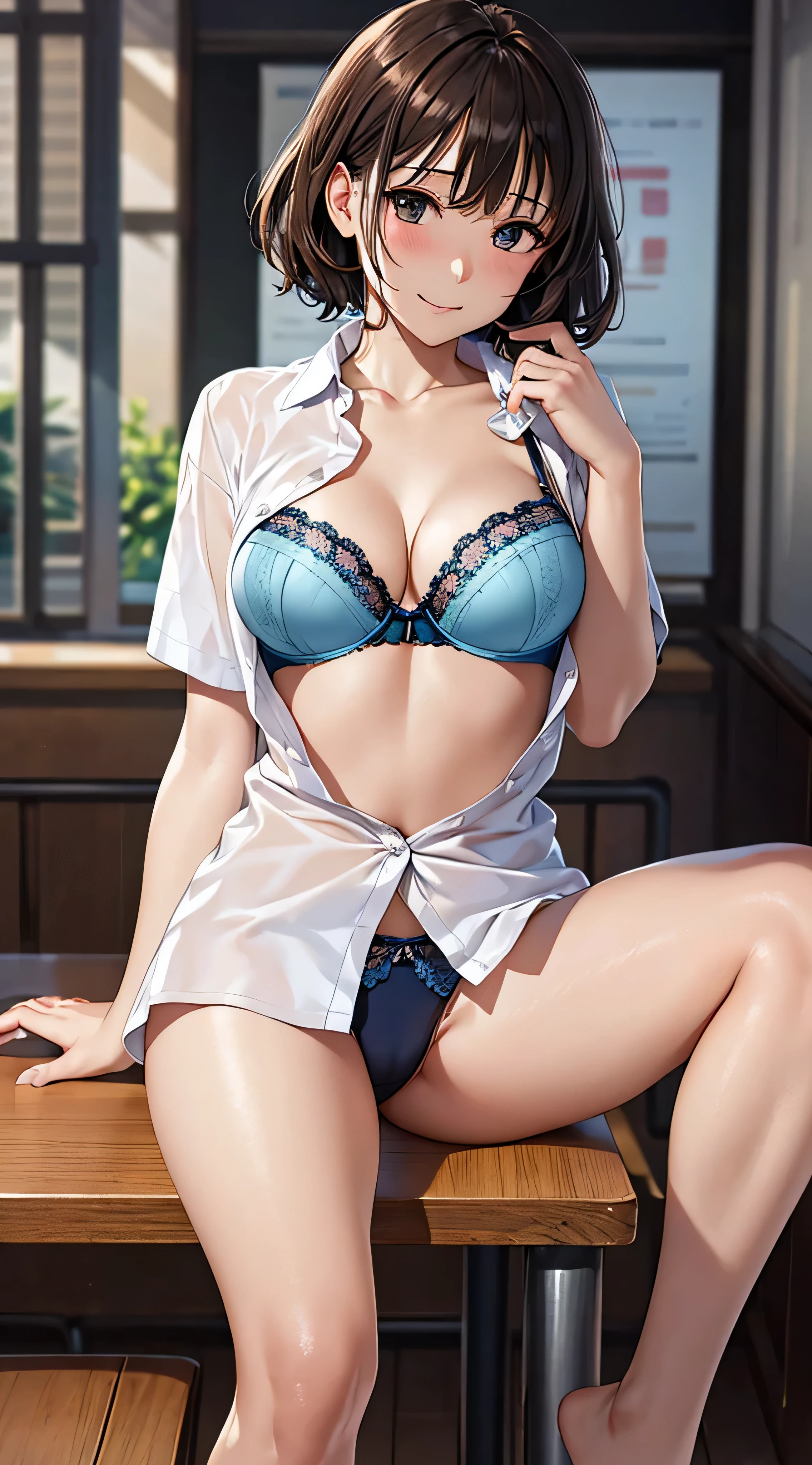 ((masutepiece, Best Quality, hight resolution, nffsw, Perfect Pixel, 4K, nffsw, nffsw))), 1girl in, Single, Solo, Beautie、full body seen、 ((Short Wave Hair, Bangs, Brown hair)), ((Brown-eyed, Beautiful eyelashes, Realistic eyes)), ((Detailed face, Blushing:1.2)), ((Smooth texture:0.75, Realistic texture:0.65, Photorealistic:1.1, Anime CG style)), medium breasts, Dynamic Angle, Perfect body, ((White shirt, Unbuttoned shirt、I'm not wearing shoes、White Sox)), Classrooms without people、Sit on a desk、Lower'I took my foot off the desk.......................................................、early evening、、、Very embarrassing panic smile、(Open both legs、Open your knees wide、Floral lace panties)、、(Light blue lace bra)、Angle from below