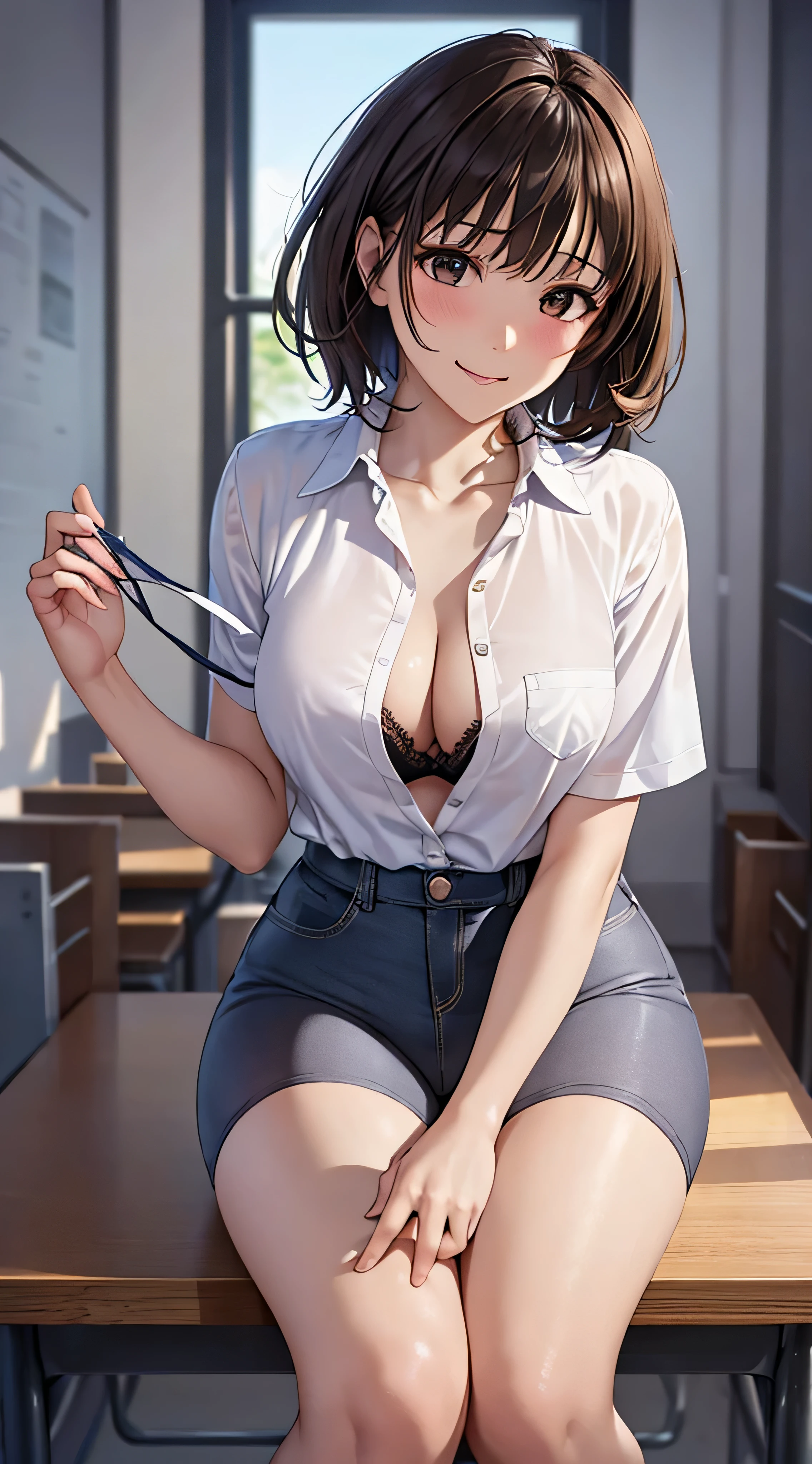 ((masutepiece, Best Quality, hight resolution, nffsw, Perfect Pixel, 4K, nffsw, nffsw))), 1girl in, Single, Solo, Beautie、full body seen、 ((Short Wave Hair, Bangs, Brown hair)), ((Brown-eyed, Beautiful eyelashes, Realistic eyes)), ((Detailed face, Blushing:1.2)), ((Smooth texture:0.75, Realistic texture:0.65, Photorealistic:1.1, Anime CG style)), medium breasts, Dynamic Angle, Perfect body, ((White shirt, Unbuttoned shirt、I'm not wearing shoes、White Sox)), Classrooms without people、Sit on a desk、Lower'I took my foot off the desk.......................................................、early evening、、、Very embarrassing panic smile、(Open both legs、Open your knees wide、Floral lace panties)、、(Light blue lace bra)、Angle from below