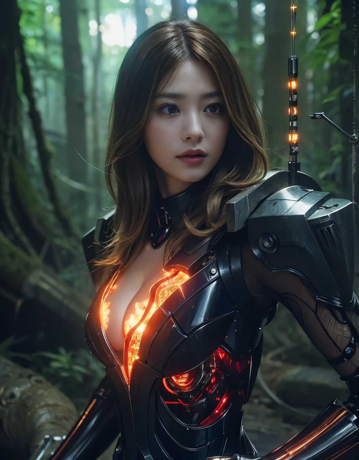 ((Fighting Demonic Beasts))、top-quality、masterpiece、超A high resolution、(Photorealsitic:1.4)、Raw photo、1人、Golden hair、glowy skin、(((1 Mechanical Girl)))、With a beautiful knife、(Blue Metal Bodysuit)、(beautiful forest background)、(Fighting Demonic Beasts)、(Small LED)、((super realistic details))、vertical giant monster background),globalillumination、Shadow、octan render、8K、ultrasharp、Colossal tits、Raw skin is exposed in cleavage、metals、Details of complex ornaments、Japan details、highly intricate detail、Realistic light、CGSoation Trends、Red Eyes、Eyes shining towards the camera、neon details、(Mechanical edge blood vessels connected to tubes)、Mechanical vertebrae attached to the back、mechanical cervical attaching to neck、(Wires and cables connecting to the head)、Gundam、Small LED、,Mechanical thighs、Toostock、(Hands are also made of machines)、(Attack of the Monster Beasts)、(Wounded in a deadly battle)、