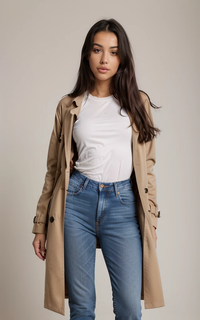 moroccan girl, Fond blanc propre, Masterpiece, super detail, Epic composition, ultra HD, High quality, Extremely detailed, Art officiel, 8K uniform wallpaper, super detail, 32K, wearing black trench coat on top of a beige t-shirt and blue jeans, studio white background, full body picture, show whole body, long hair