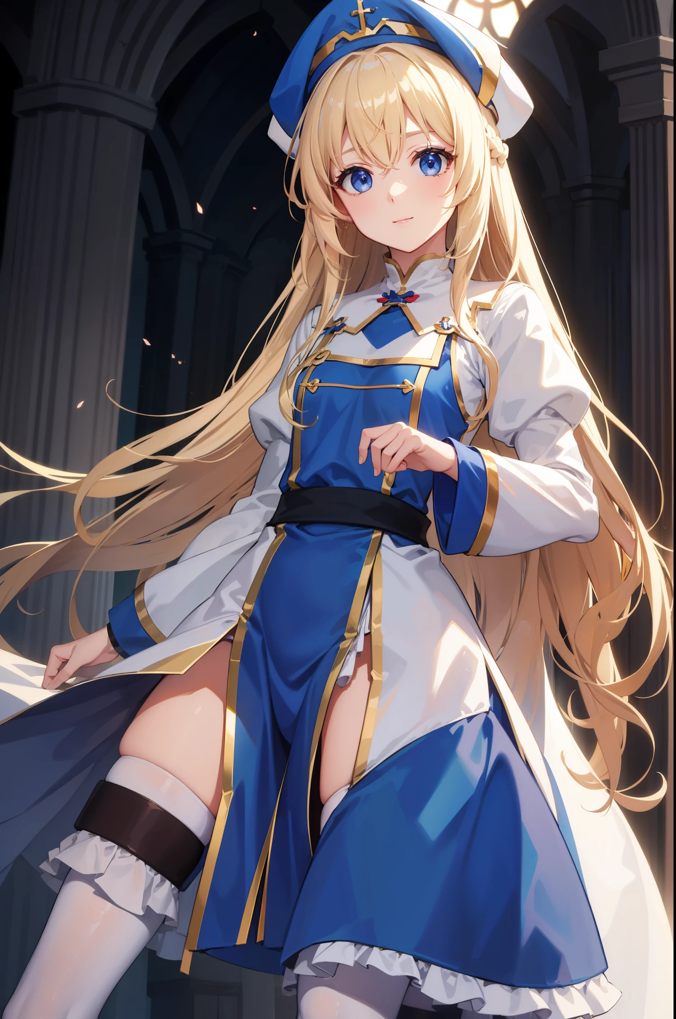 priestess, priestess, blonde hair, blue eyes, long hair, hair between eyes, (small breast:1.0), smile, BREAK boots, dress, frilled sleeves, frills, hat, white headwear, pelvic curtain, high heels, robe, thigh boots, thighhighs, white thighhighs, long sleeves, puffy sleeves, BREAK looking at viewer, BREAK indoors, church, BREAK (masterpiece:1.0), best quality, high resolution, unity 8k wallpaper, (illustration:0.8), (beautiful detailed eyes:1.0), extremely detailed face, perfect lighting, extremely detailed CG, (perfect hands, perfect anatomy),