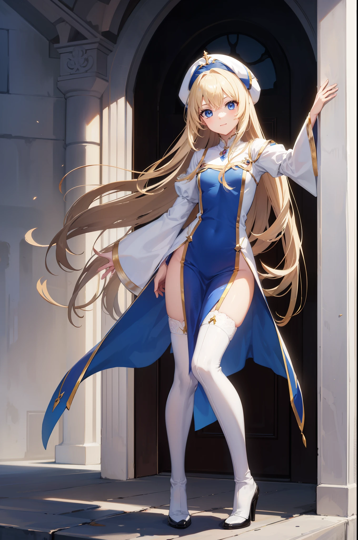 priestess, priestess, blonde hair, blue eyes, long hair, hair between eyes, (small breast:1.0), smile, BREAK boots, dress, frilled sleeves, frills, hat, white headwear, pelvic curtain, high heels, robe, thigh boots, thighhighs, white thighhighs, long sleeves, puffy sleeves, BREAK looking at viewer, BREAK indoors, church, BREAK (masterpiece:1.0), best quality, high resolution, unity 8k wallpaper, (illustration:0.8), (beautiful detailed eyes:1.0), extremely detailed face, perfect lighting, extremely detailed CG, (perfect hands, perfect anatomy),