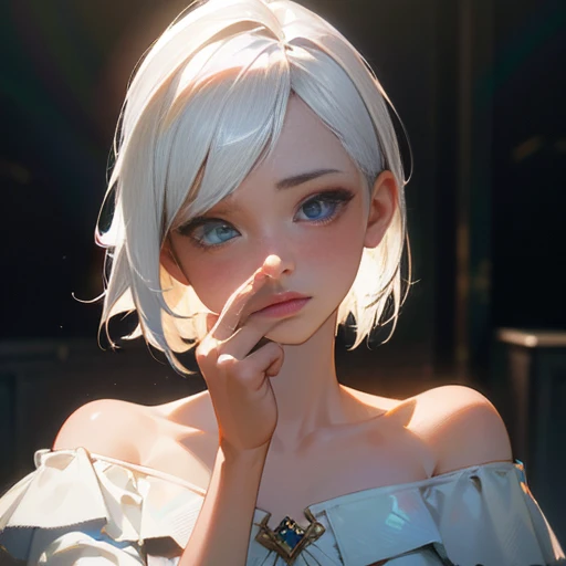 Best quality, masterpiece, ultra high res, (photorealistic: 1.4), raw photo, 1girl, off shoulder, cinematic lighting, kiss poses, heterochromia, white hair, white hair