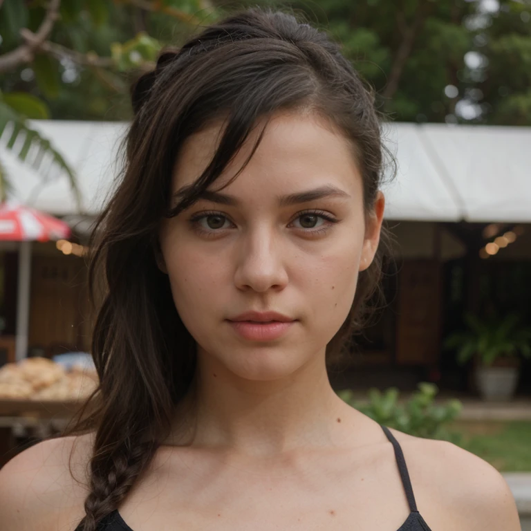 Photo of a pretty young 1girl , big cheeks, Caught hair, Slicked-Back Topknot hair, black hair, side-swept bangs, side fring hair,  medium size breasts, best quality, realistic, 8k,