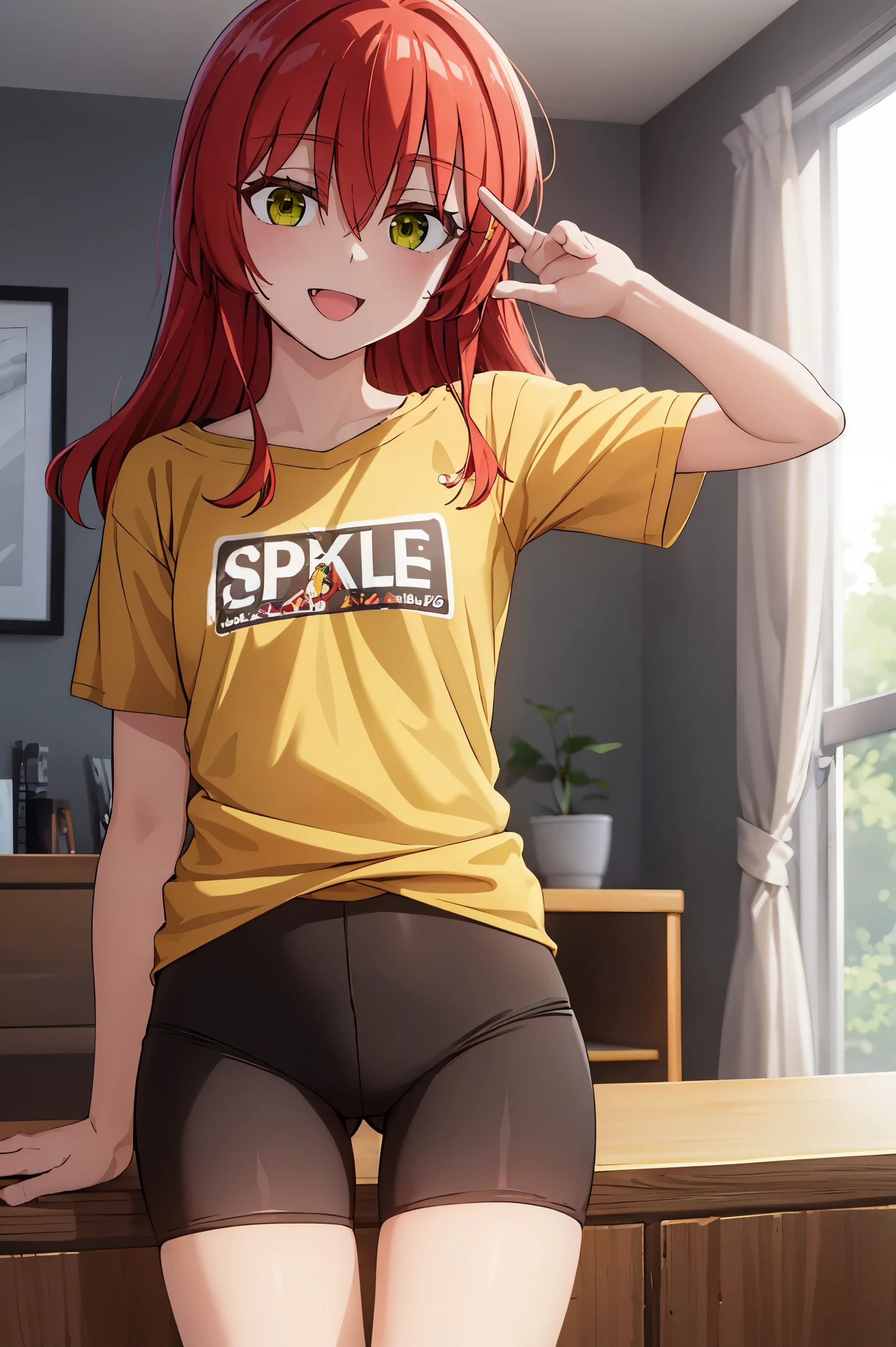 Room, 1 girl, best quality, ultra high res, long hair, red hair, green eyes, looking at viewers, small breast, standing, pov, slim body, li body, small body, smile, open mouth, yellow shirt, short sleeves, bike shorts,