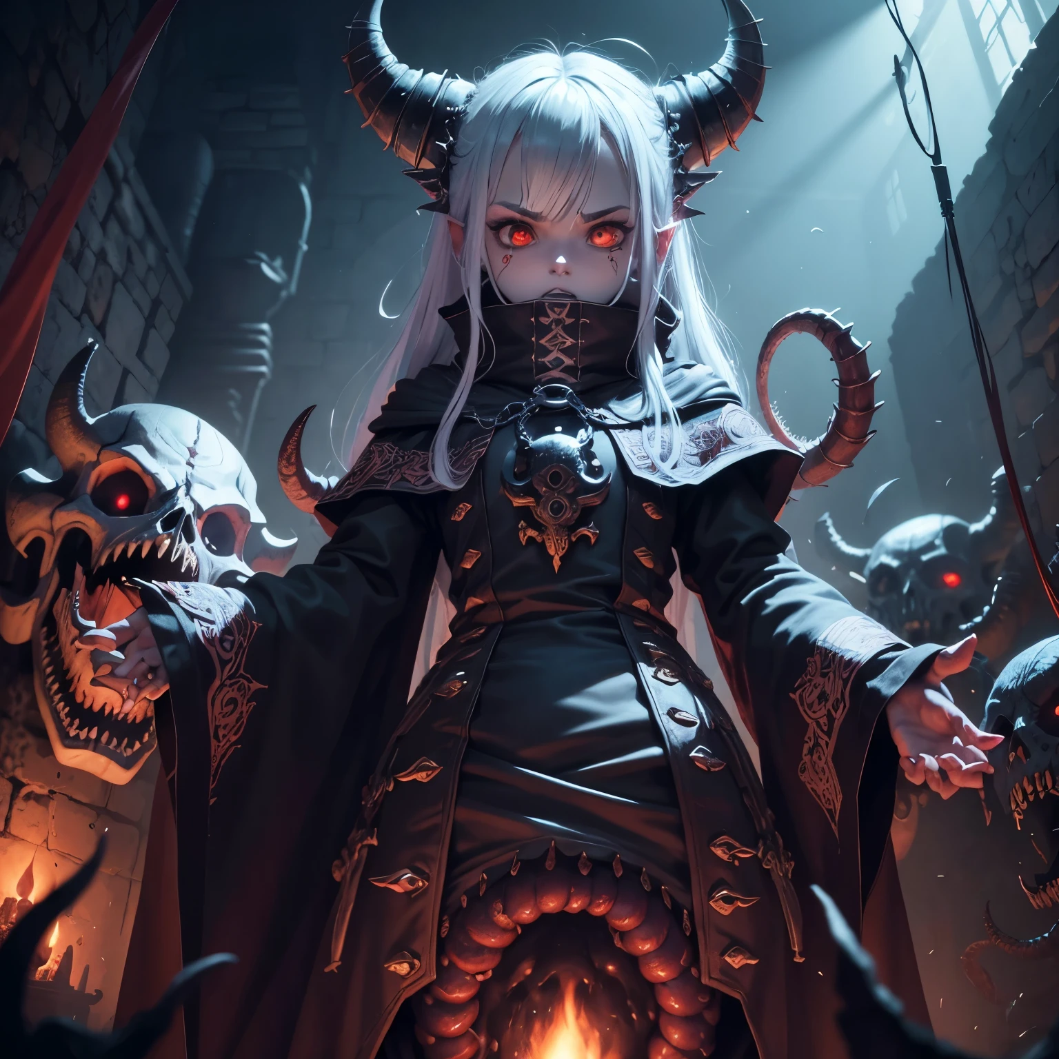 Tokio Ghoul, anime, demonio, bestial skull, correntes ensanguentadas, preso, ossos Behemoth, manic eye aberration, membros suturados, tentacles, ossos, dentes, presas afiadas, acorrentado, expression of insanity, loucura, dungeon dungeon environment, 8k, qualidade ultra HD.
