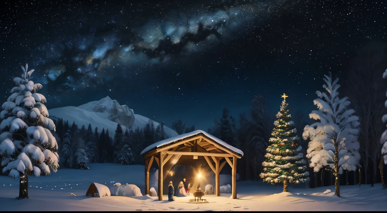 create an amazing painting for the classic Christmas card, obra prima de uma pintura, add an illustration of a scene with the birth of Jesus Christ on a simple manger, junto com Maria, Joseph and the 3 Magi, um feixe de luz brilhante, multicolored light coming from the starry night sky to the baby