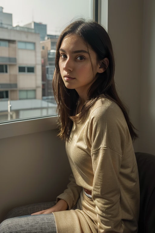 (Best quality, Ultra detailed, Golden ratio, Masterpiece:1.2), Theatrical lighting:0.7, Photo of a young woman, dressed in causal, sporty clothing, perfect face, (very detailed skin), black hair, skin texture, shiny pale skin, (up to, large size:1.2), [:(Sharp focus on strange face, perfect eyes:1.2):0.2],photorealistic, film grain, summer fog, muted colors, warm muted colors, Cinematic Portrait Photo of a woman dressed in casual clothes, sitting near the window early in the morning.