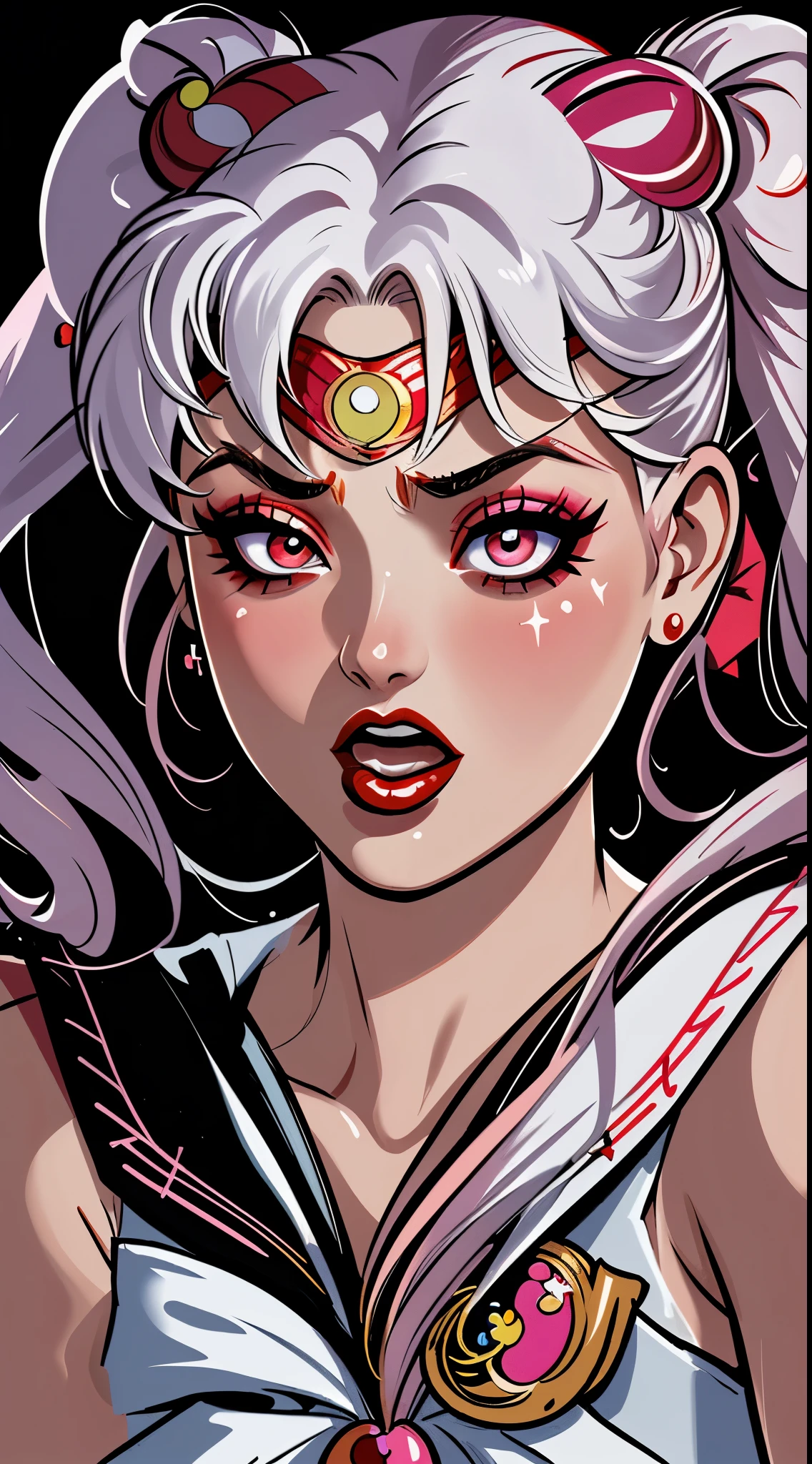 masterpiece, best quality, 1girl, {gyaru|gal|chick}, red lips, solo, white hair, multicolored hair, bangs, defiant leaking makeup, twin tails, hair buns, tanned skin, ((sailor moon)), proportional fingers, detailed hands, detailed face, plump lips, detailed body, ((ahegao face, flushed face, agitated face, open mouth)), eyeshadow, hair bow, bow, lipstick, two-tone hair, black background, hddetailed, professional, bokeh, , illustration, vivid colors, portraits, sharp focus, defiant magnificent color palette, relaxed lighting