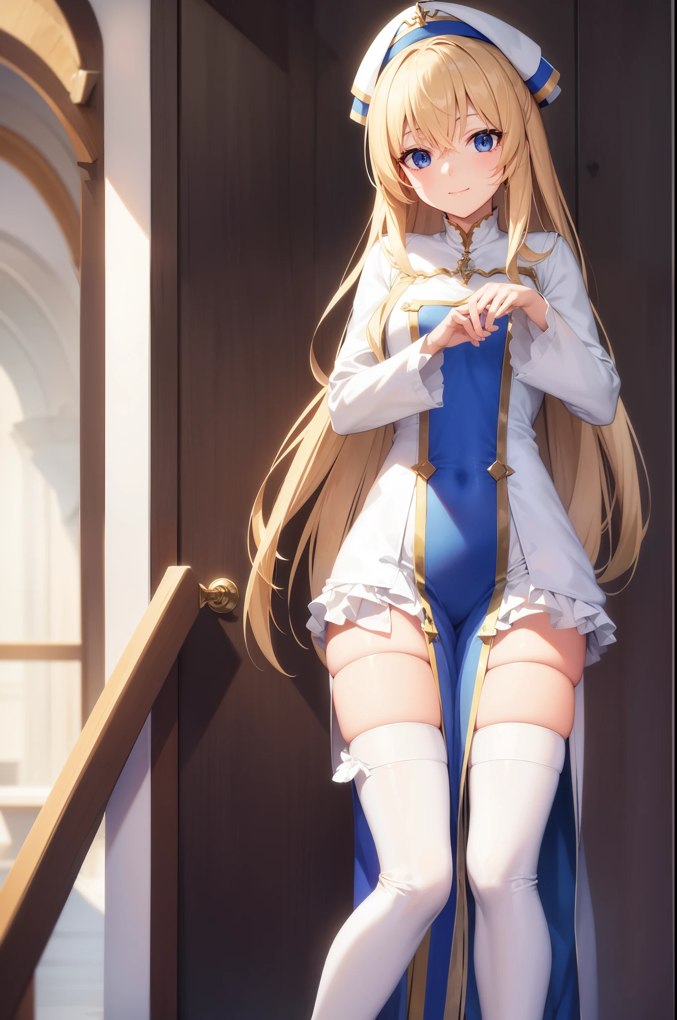 priestess, priestess, blonde hair, blue eyes, long hair, hair between eyes, (small breast:1.0), smile, BREAK boots, dress, frilled sleeves, frills, hat, white headwear, pelvic curtain, high heels, robe, thigh boots, thighhighs, white thighhighs, long sleeves, puffy sleeves, BREAK looking at viewer, BREAK indoors, church, BREAK (masterpiece:1.0), best quality, high resolution, unity 8k wallpaper, (illustration:0.8), (beautiful detailed eyes:1.0), extremely detailed face, perfect lighting, extremely detailed CG, (perfect hands, perfect anatomy),