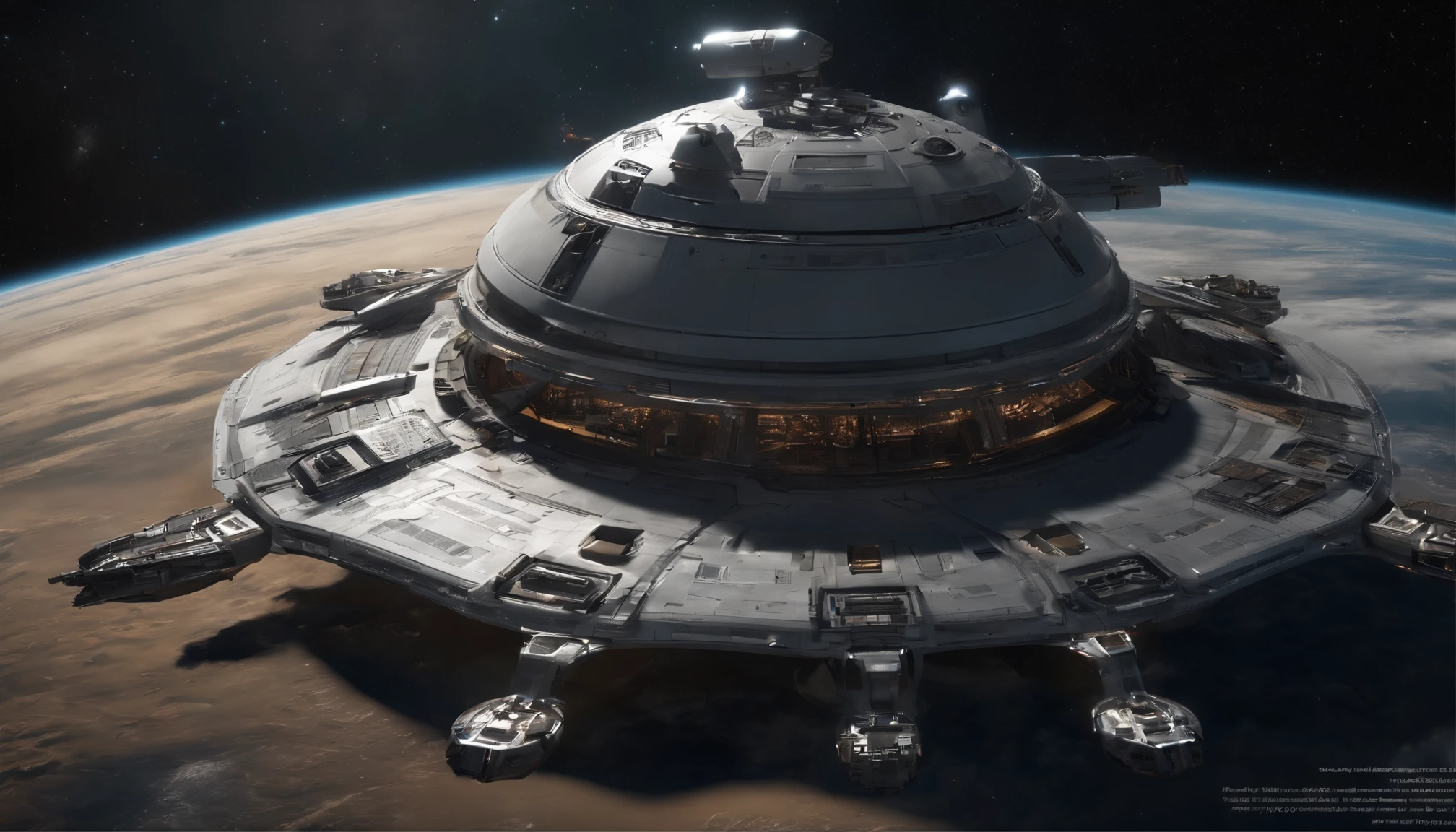 Best quality, , 超高分辨率, (Realistic photography:1.4), ultra-realistic realism, A futuristic complex spaceship stands still in space, Its hull was damaged, Robots and astronauts are repairing it, The vastness of the universe is in the background, Outstanding details, Cinematic footage