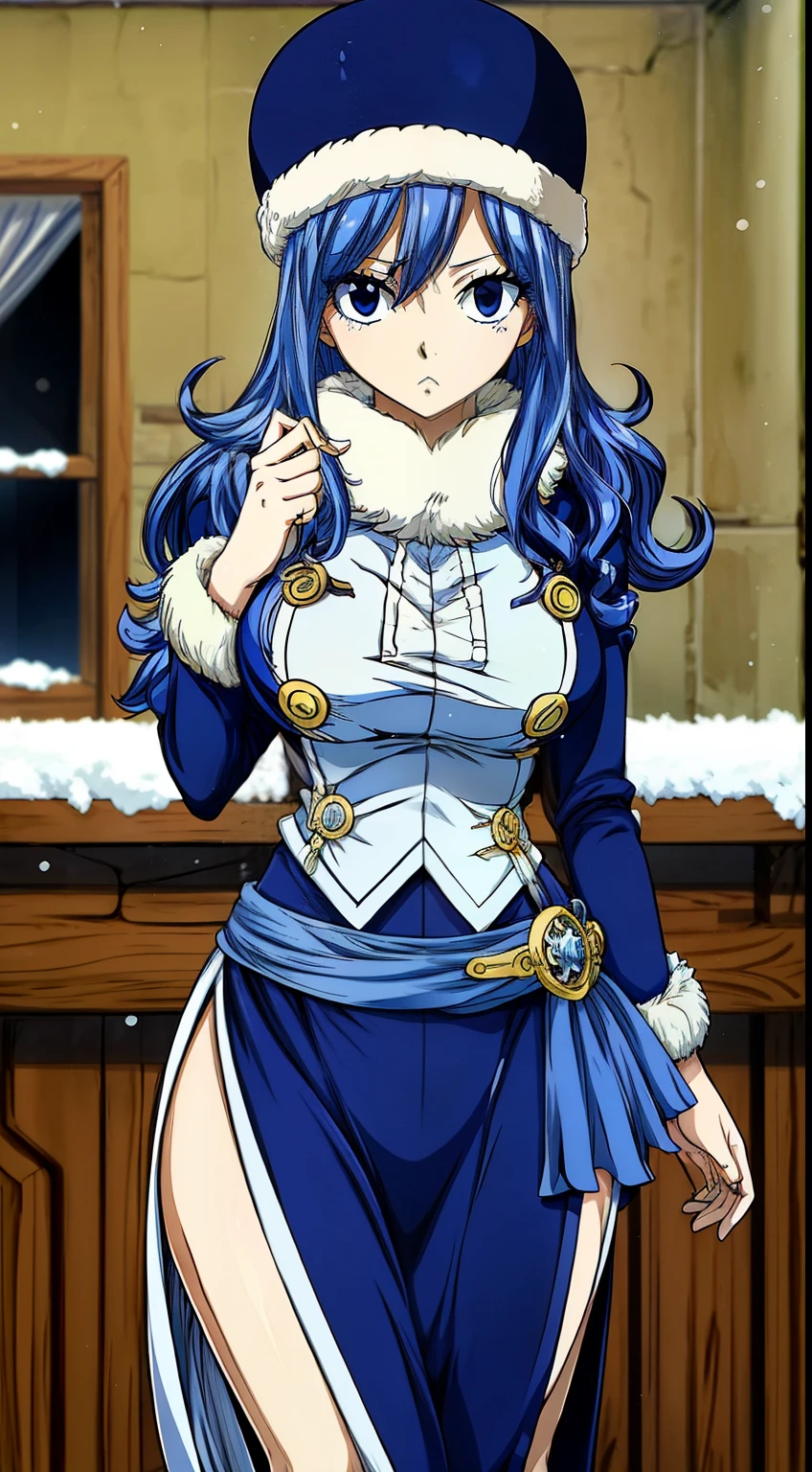 Fairy tail, personaje juvia lockser , hermosa mujer, es una adolescente esbelta con cabello azul celeste, ojos azul noche, snow-white complexion and a curvaceous figure,pelo largo, fuertemente rizado en la base, con un abrigo azul zafiro, a navy blue shawl with cream furry trim with an attached pure white teru teru bōzu, as well as a matching Russian Cossack hat. Juvia&#39;s Fairy Tail guild seal is on her left thigh and is blue.,tiene apariencia atractiva, buena calidad, 4K resolution, ultra hd.