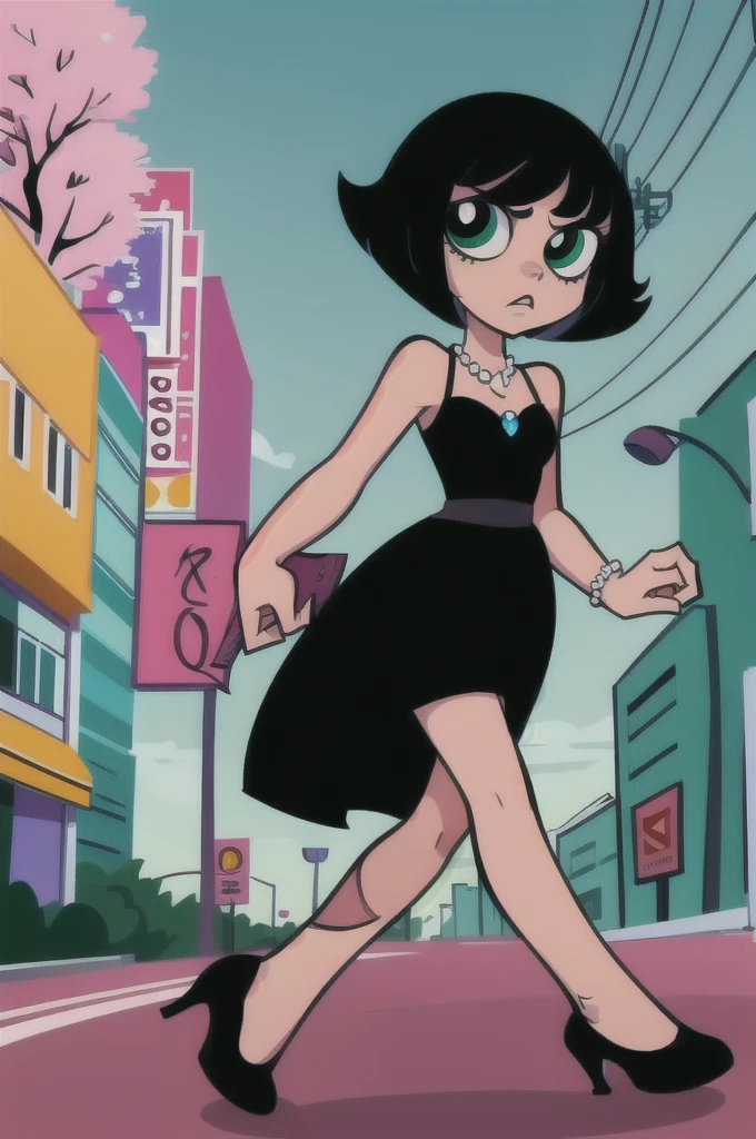 1 girl, solo, A Powerpuff Girl named Buttercup, short black hair, bob cut, medium hair, green eyes, in a little black dress, a short black dress, a longer body, all grown up, a teenager style, with a pearl necklace, bare shoulders, black high heels, and being so beautiful, walking in the street, at night time in the city, in 2D illustration, 2D art style.