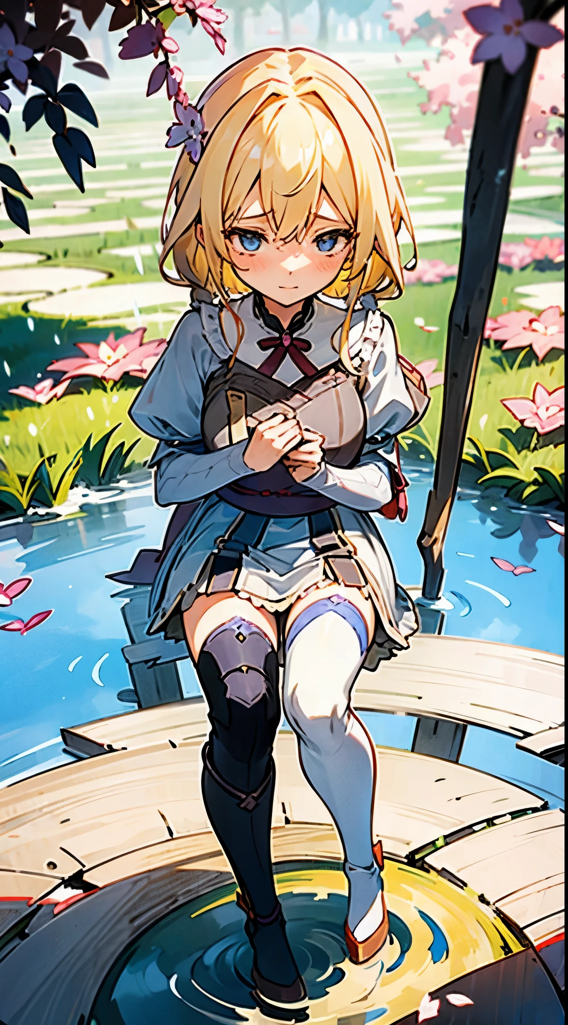 Please draw the water surface and the stick and the girl's elbow so that they blends in with the surroundings., Because the hand holding the stick is redundant and unnecessary please delete it.