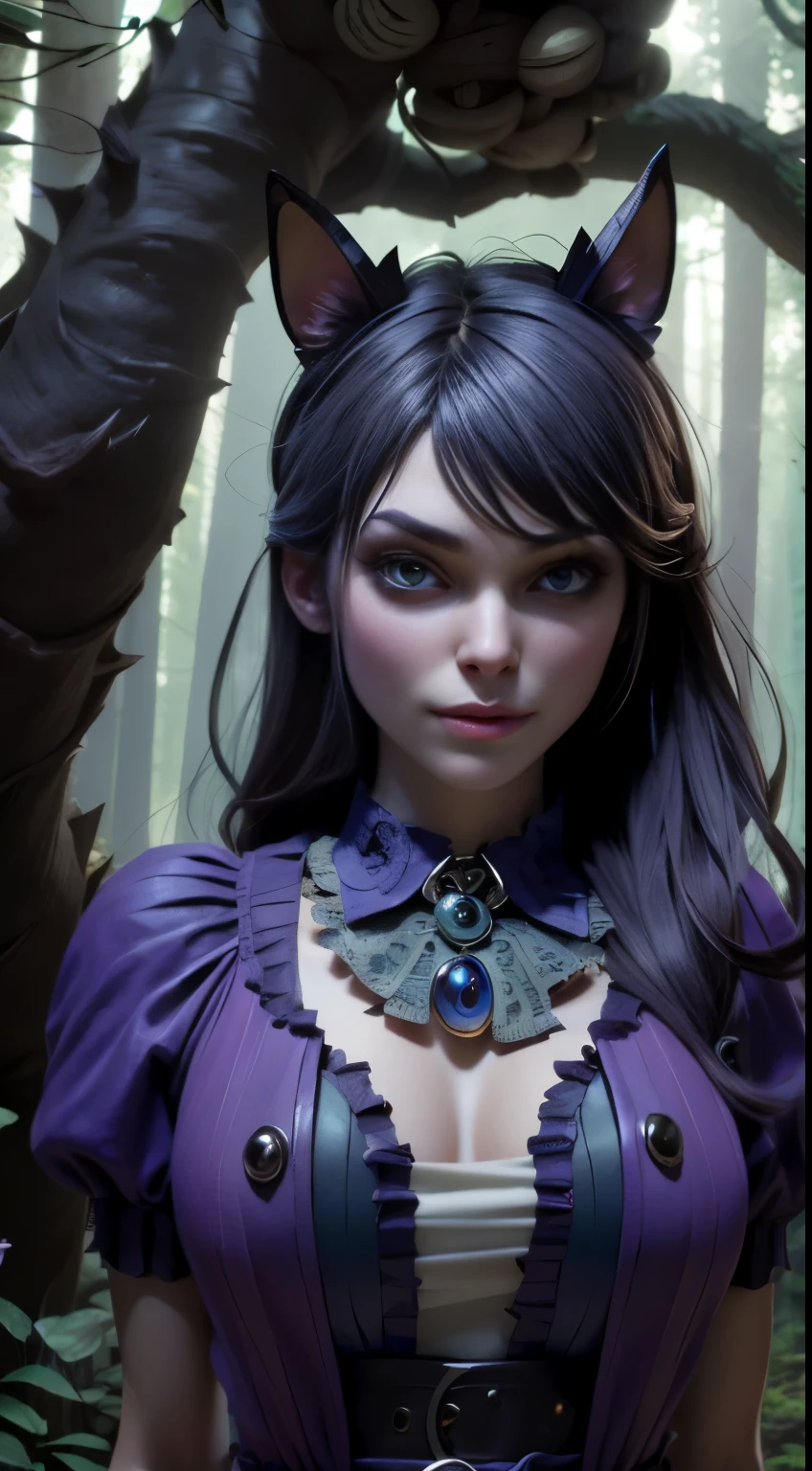 photo of Keira Knightley, RAW, beautiful woman, ((portrait)), ((detailed face:1.2)), ((detailed facial feature, detailed skin, clear skin), (perfect proportioned body), ((wearing American McGee's Alice in Wonderland outfit)), (high detailed giant mystical forest, Cheshire cat background:1.55), (arms behind back: 1.2), (realistic photo, best quality, detailed), (8k wallpaper), (cinematic lighting, dramatic lighting) (sharp focus, intricate)