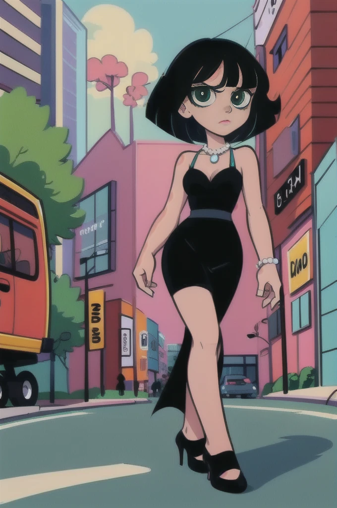 1 girl, solo, A Powerpuff Girl named Buttercup, short black hair, bob cut, medium hair, green eyes, in a little black dress, a short black dress, a longer body, all grown up, a teenager style, with a pearl necklace, bare shoulders, black high heels, and being so beautiful, walking in the street, at night time in the city, in 2D illustration, 2D art style.