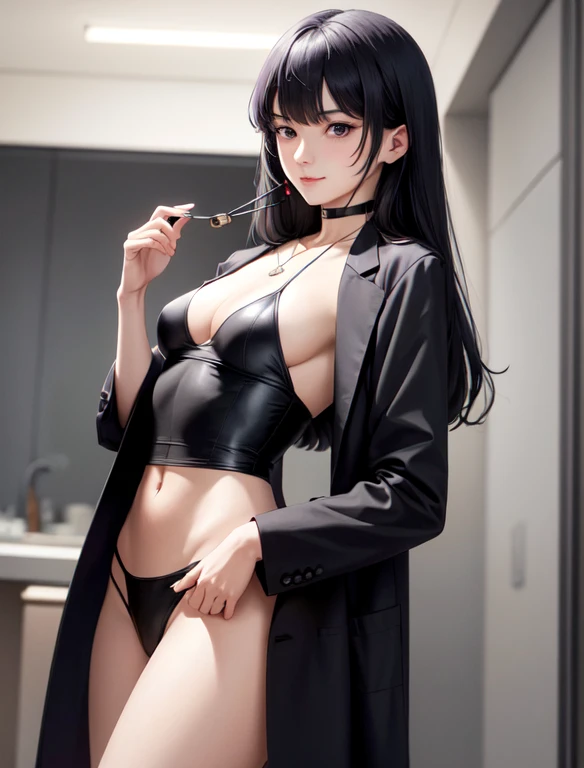 masterpiece, hot shot, ((best quality)), absurdres, perfect antomy, Tae Takemi, (Small smile), necklace, choker, dresig breasts:1.3), braless, defined abdomen, labcoat, standing, doctor office background, sexy pose