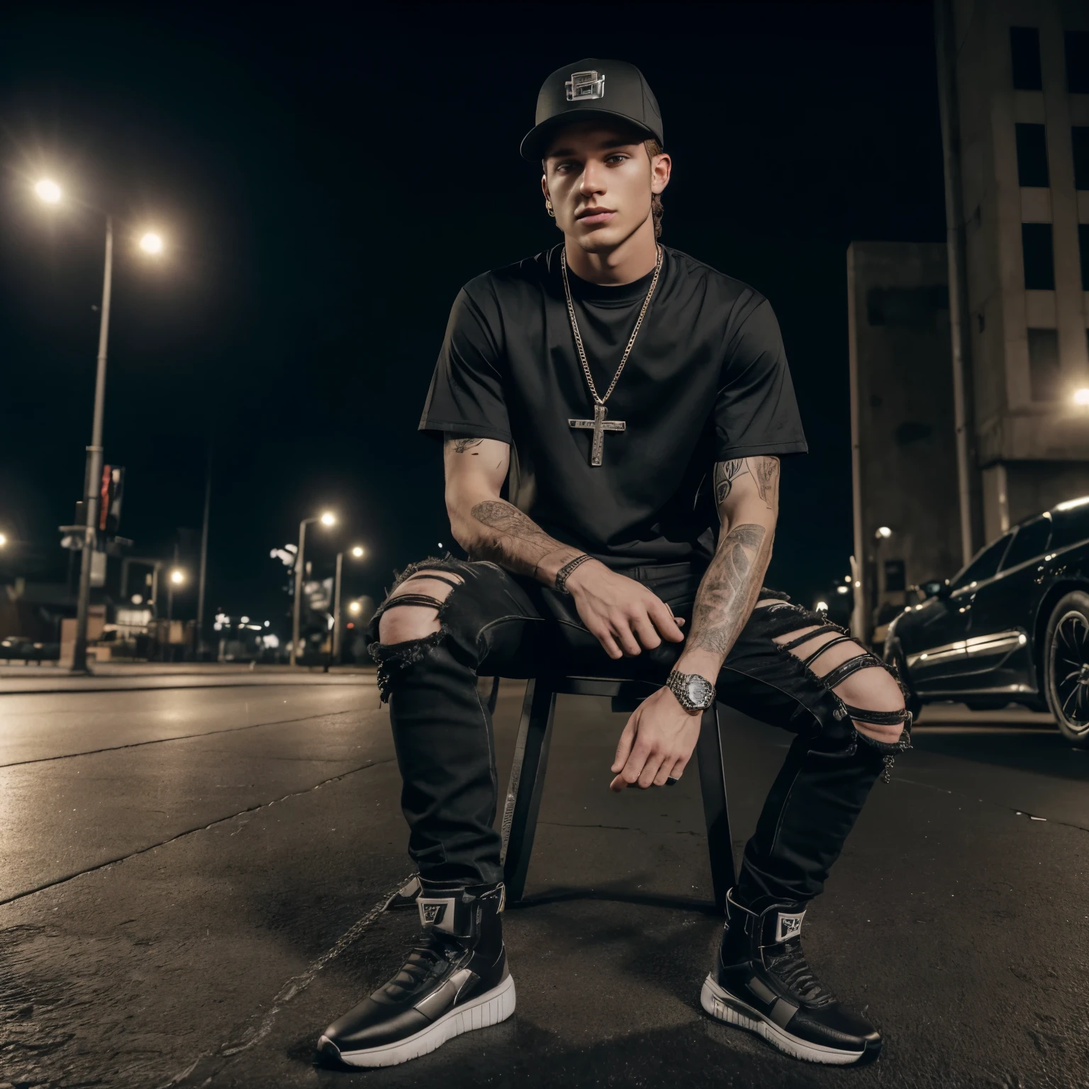 "(25-year-old Caucasian male in high quality and resolution, detailed face, full body) wearing an ultra-realistic streetwear:1.2 with a plain black shirt and a black trucker cap, black jeans with rips at knees, black boots, chain with cross pendant. Surrounded by a dystopian cyberpunk nightscape. "