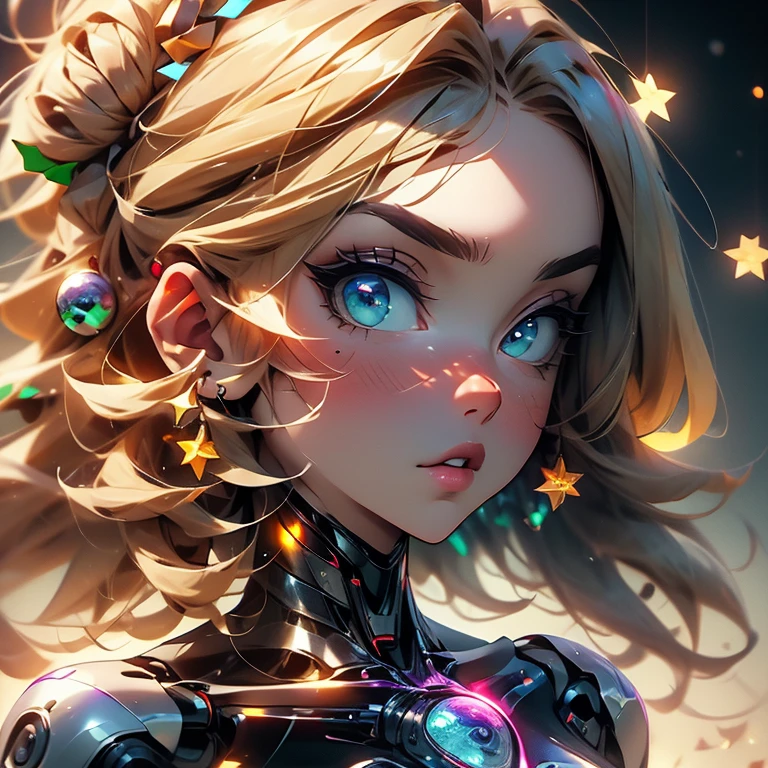 A robot beautiful girl, Christmas ⛄ theme, at nighty, beautiful face, pretty make up, beautiful body shape, sparling pictures, full body, with a short Christmas dress, sexy robot