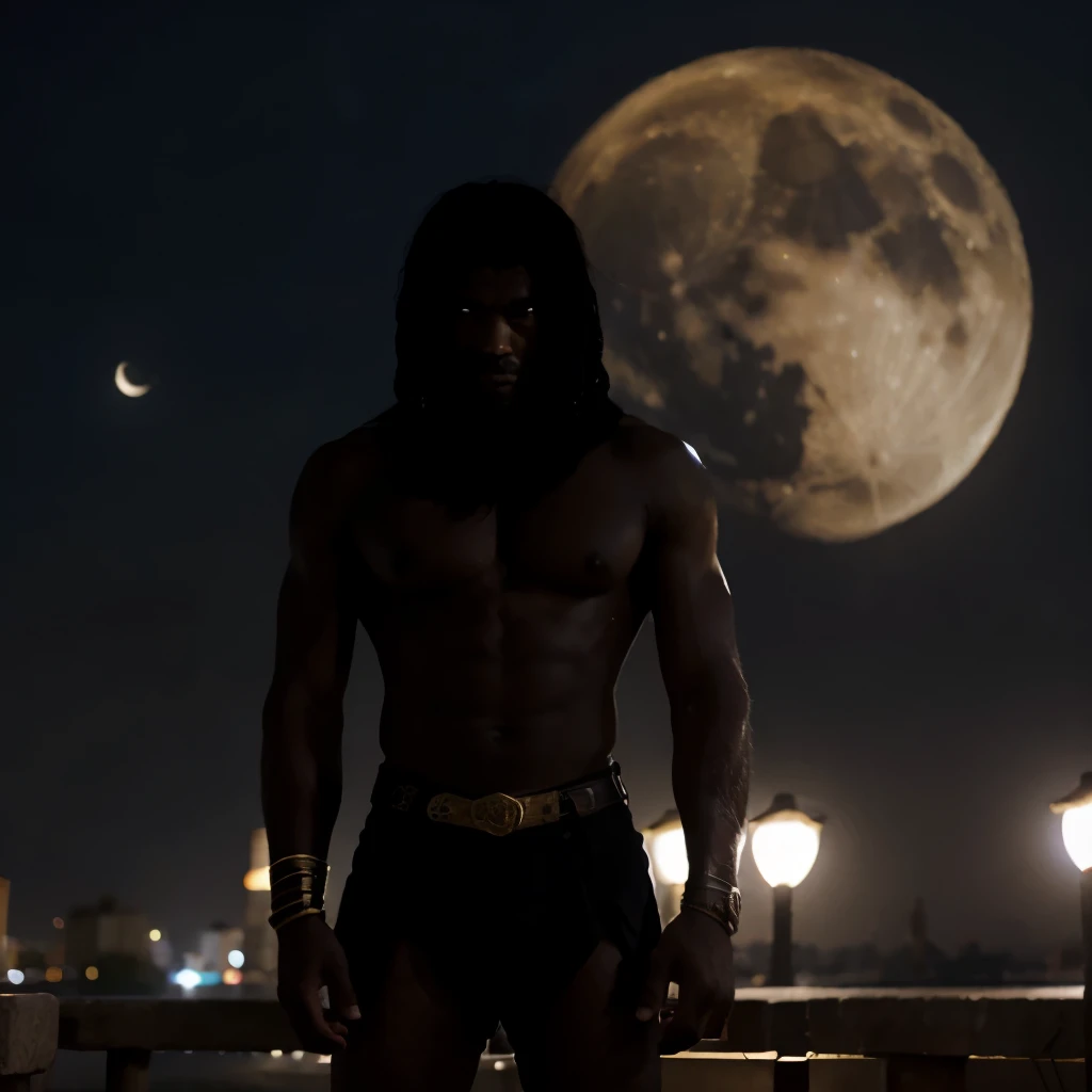 Moon in night with black worrier Egyptian man