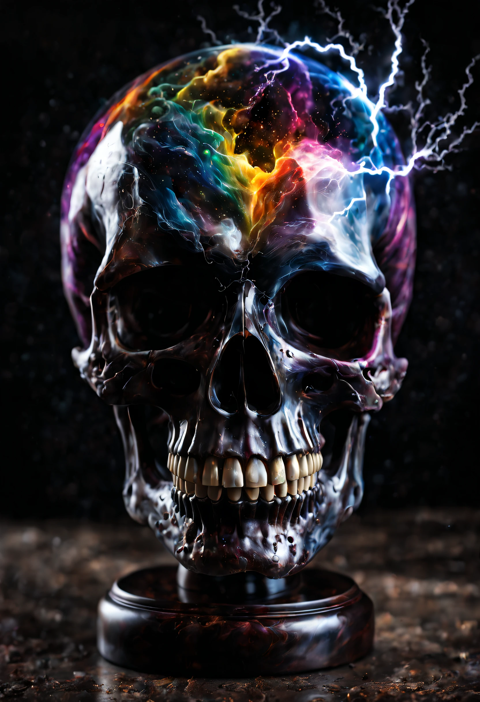 A beautiful realistic magestic darkness glass skull with a coat made of a magnificent storm with lightning, It's textured and beautiful with lot of multicolored flying multicolored dust
