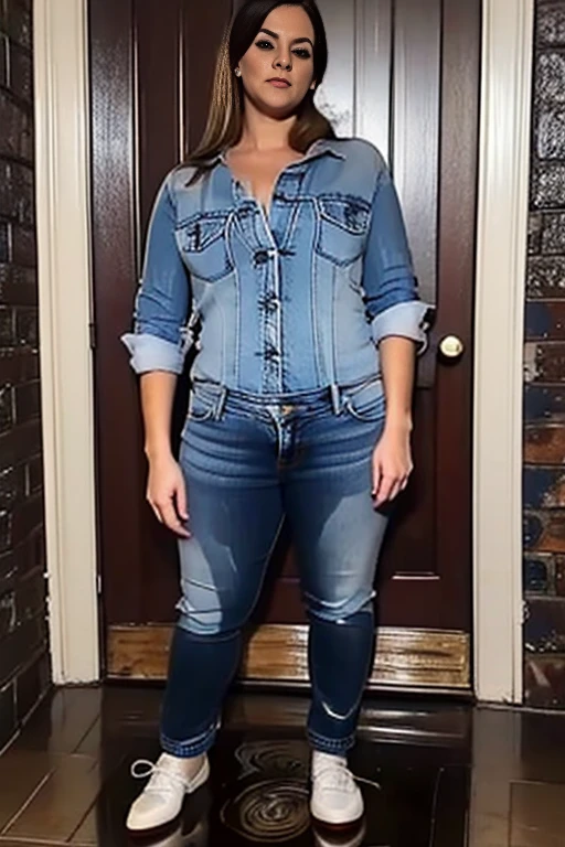 1 tall thin woman masturbates, Unbuttoned jeans, gradient background, high heels, show heels, standing in puddle of pee, shoes filled with pee, pee streams from crotch of jeans