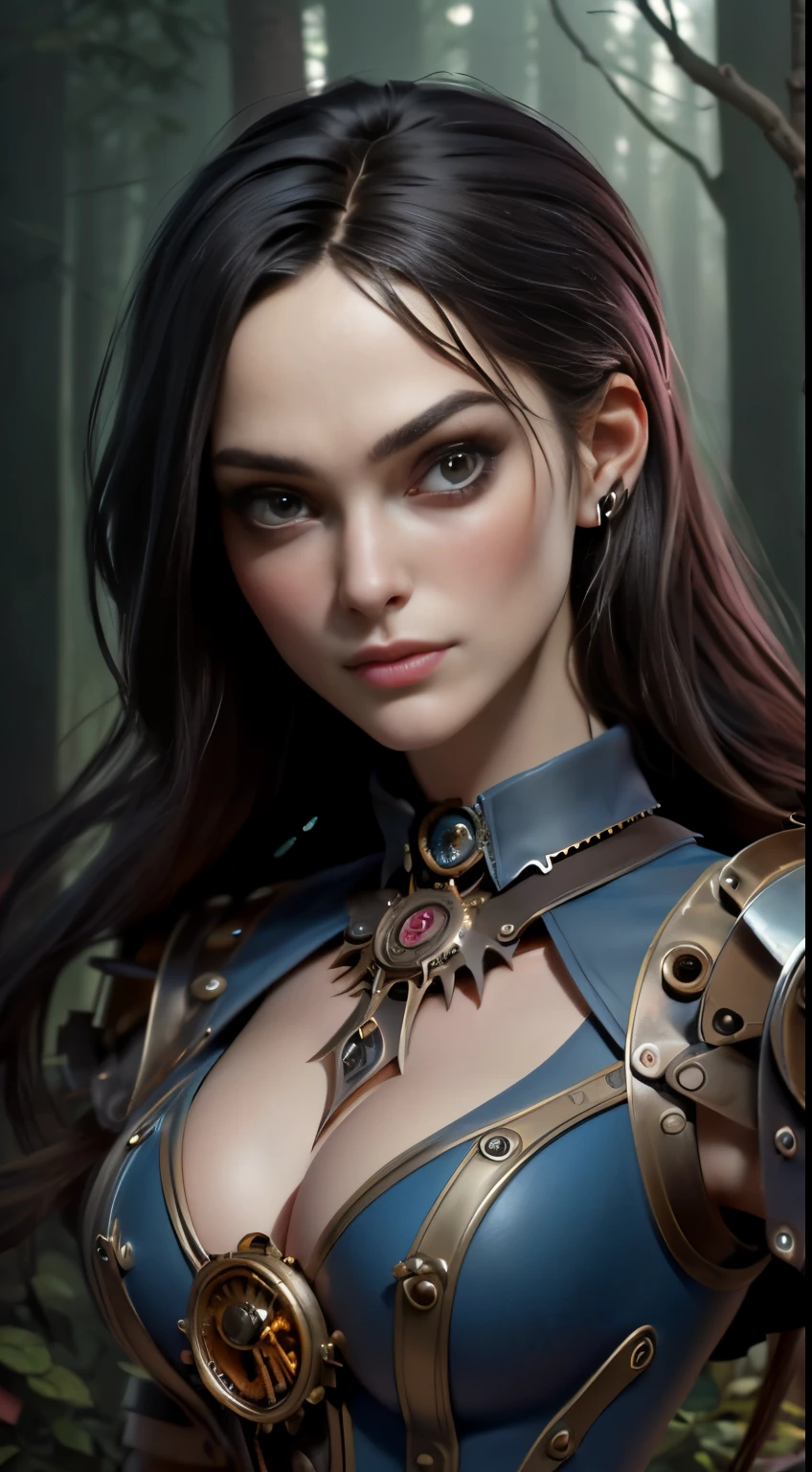 photo of Keira Knightley, RAW, beautiful woman, ((portrait)), ((detailed face:1.2)), ((detailed facial feature, detailed skin, clear skin), (perfect proportioned body), ((wearing American McGee's Alice in Wonderland steampunk outfit)), (high detailed giant mystical forest), (realistic photo, best quality, detailed), (8k wallpaper), (cinematic lighting, dramatic lighting) (sharp focus, intricate)