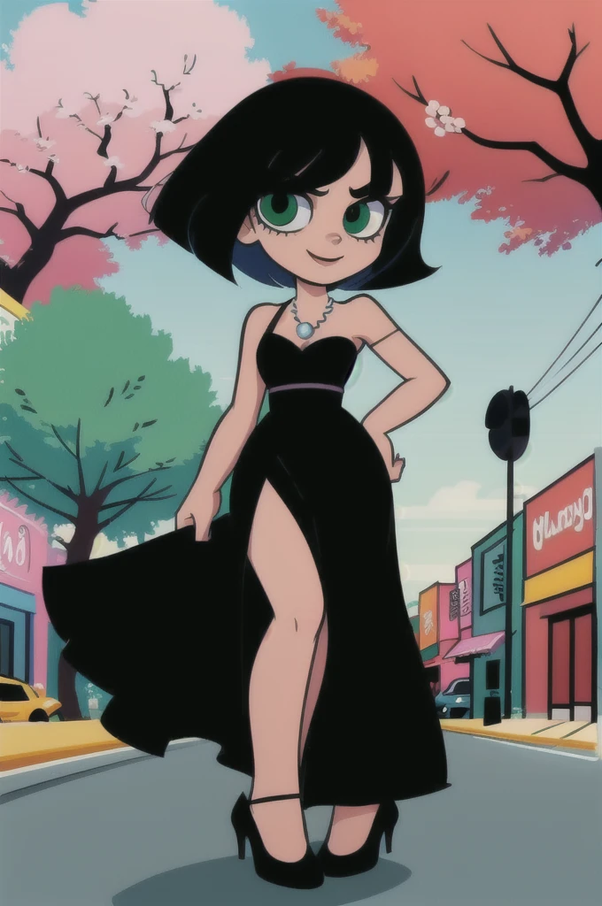 1 girl, solo, A Powerpuff Girl named Buttercup, short black hair, bob cut, medium hair, green eyes, in a little black dress, a short black dress, a longer body, all grown up, a teenager style, with a pearl necklace, bare shoulders, black high heels, and being so beautiful, walking in the street, at night time in the city, in 2D illustration, 2D art style, smile.