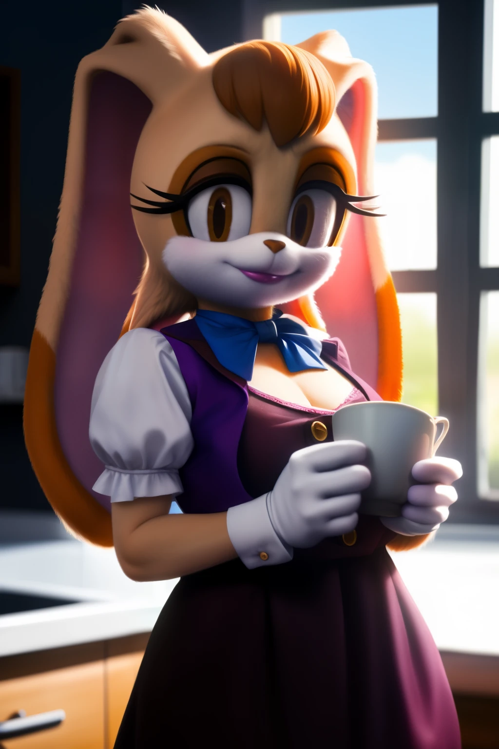 1girls,((Vanilla the rabbit:1.1)),wears a long lavender dress with a white trim at the bottom of the puffy sleeves and the skirt, ((burgundy-fitted vest:1.2)), short sleeves,a blue ascot, (white gloves with gold cufflinks:1.1), brown_hair,dipstick_ear, female,cleavage, female_solo, indoors, kitchen,smile,realistic,hyper realistic,day, lipstick, looking at viewer,holding cup of tea, realistic fur