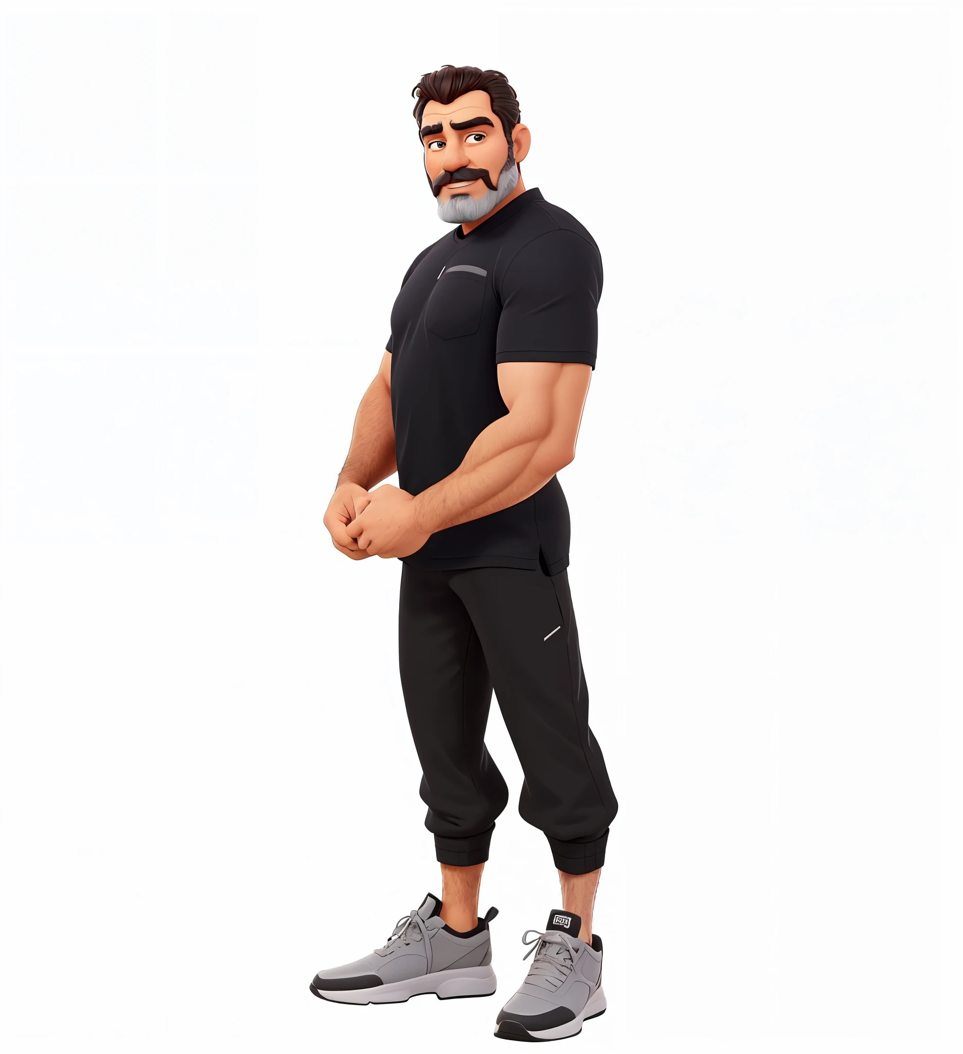 There is a man with a beard and a black shirt posing for a photo, Foto de corpo inteiro de Steve, corpo inteiro of standing tom selleck, imagem de corpo inteiro, Greg Rutkowski de corpo inteiro, postura poderosa, ele tem cerca de 60 anos, ele tem cerca de 60 anos de idade, caricatura de corpo inteiro, corpo inteiro, caricatura extrema do corpo completo, estilo Disney Pixar cartoon